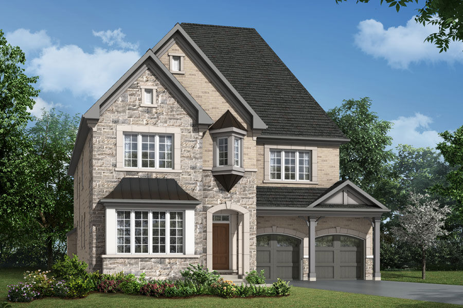 An English Manor style elevation with double car garage and multiple vertical windows.