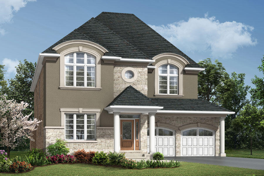 A French Chateau style elevation with double car garage, pillars near the front door and top rounded window at the top.
