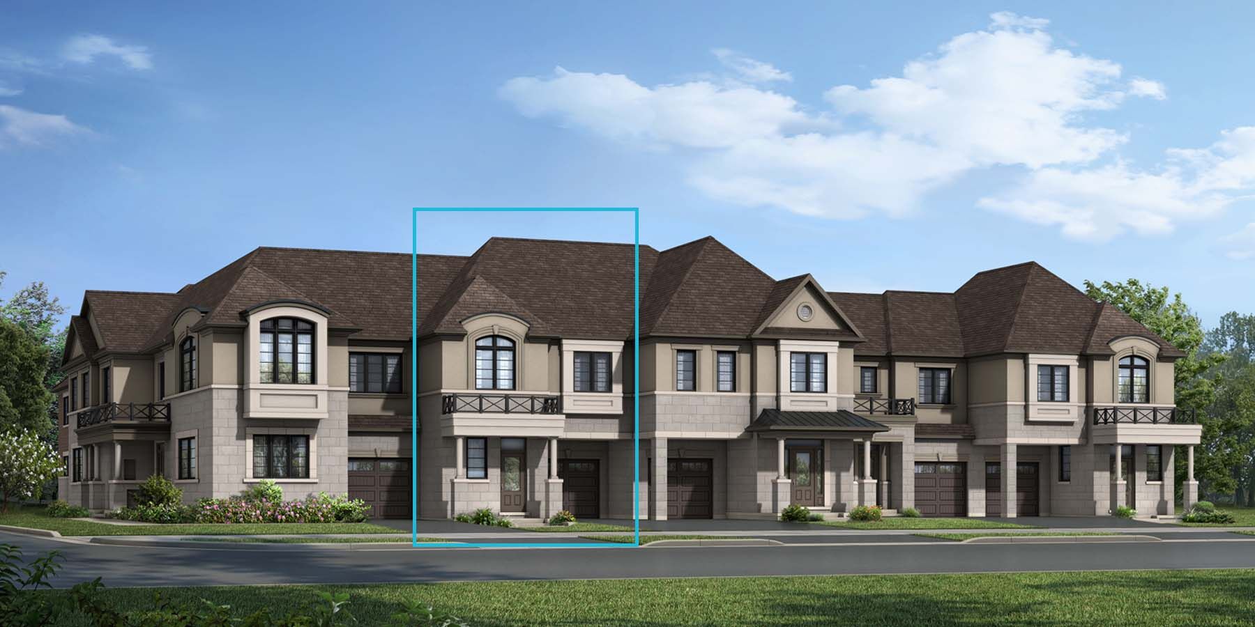 A French Chateau style attached elevation with single car garage and a Juliet balcony.