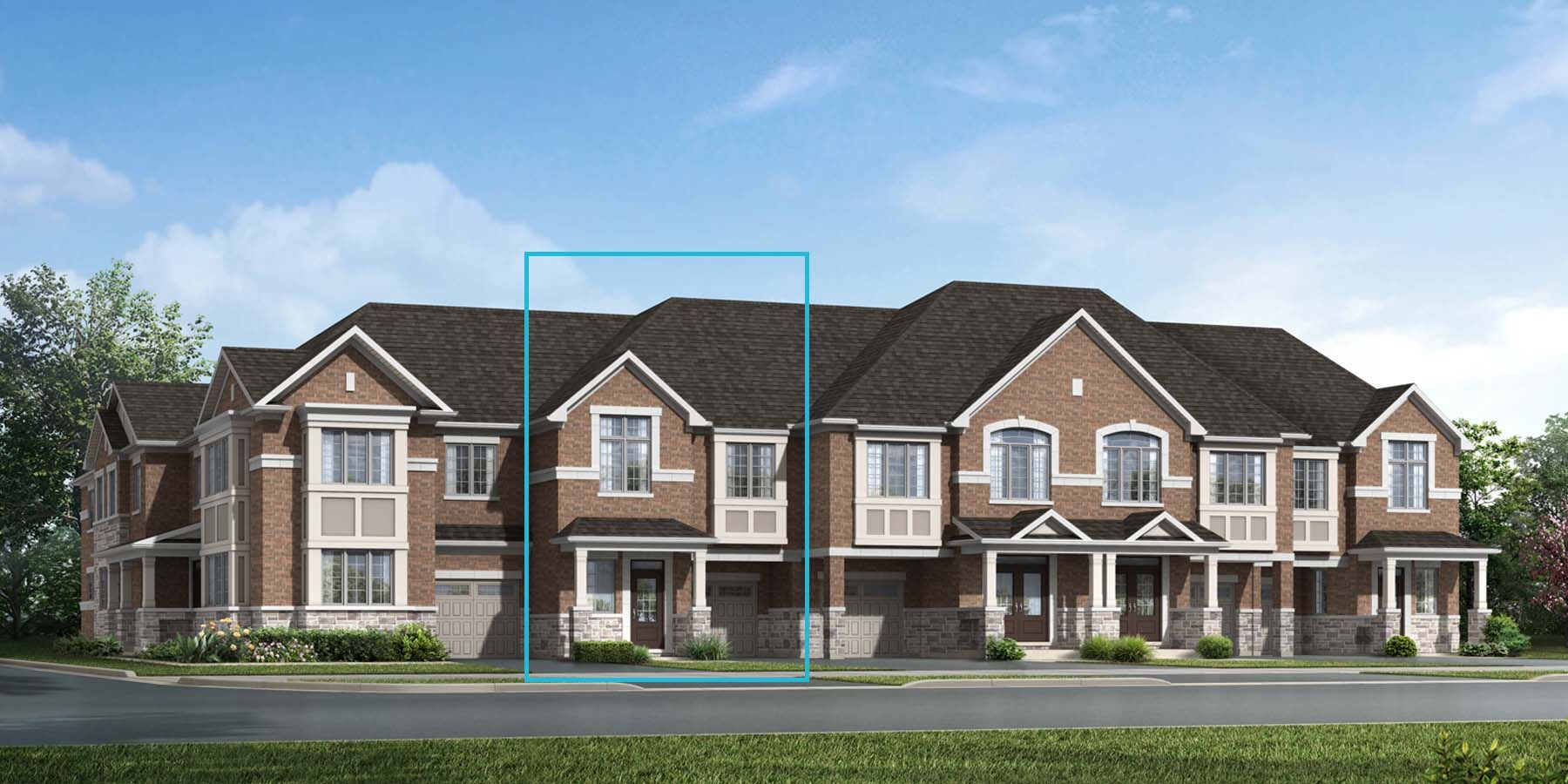 A Traditional style attached elevation with a single car garage and red brick. 