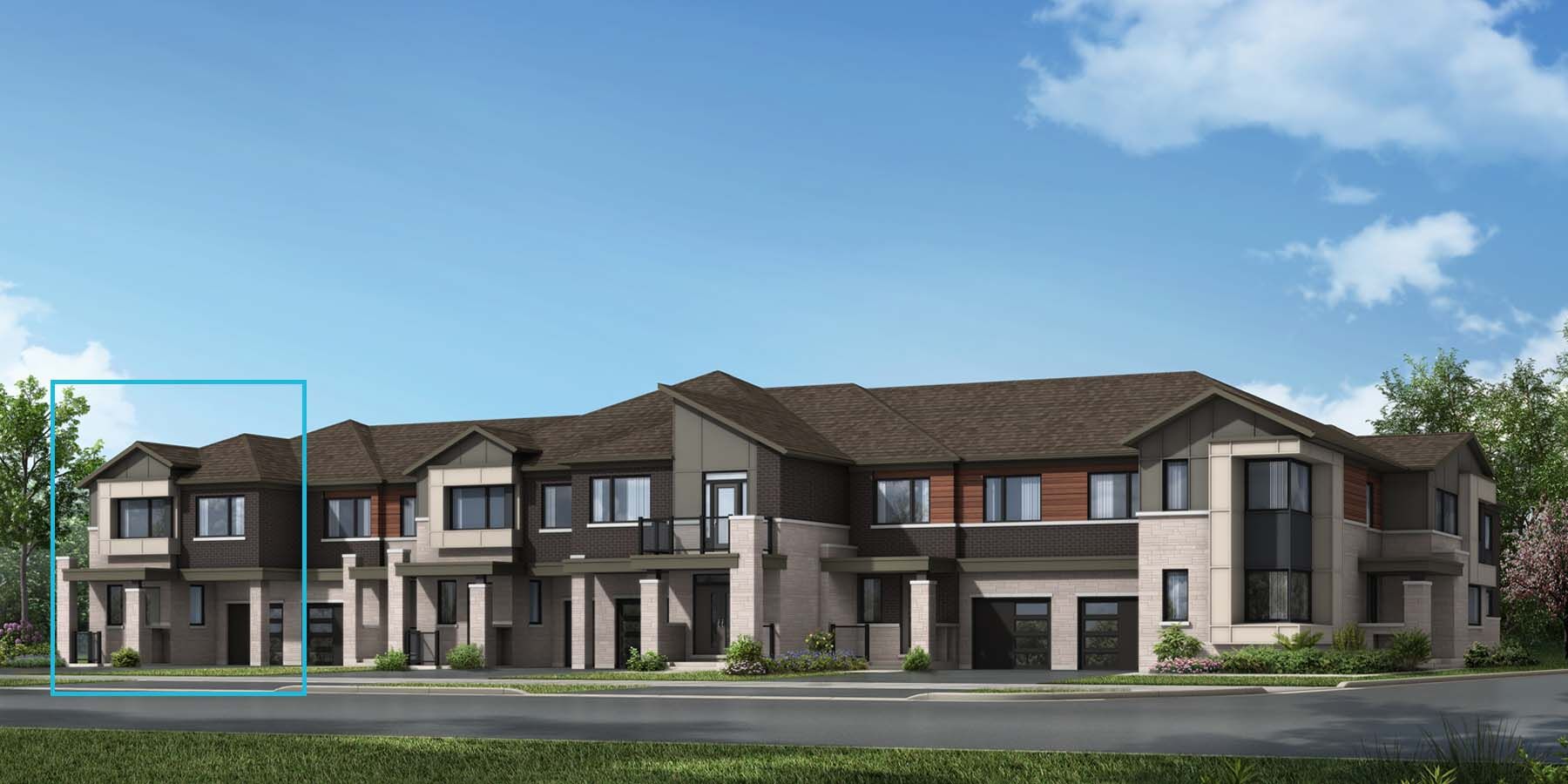 A Contemporary style attached corner elevation with single car garage and brown brick.