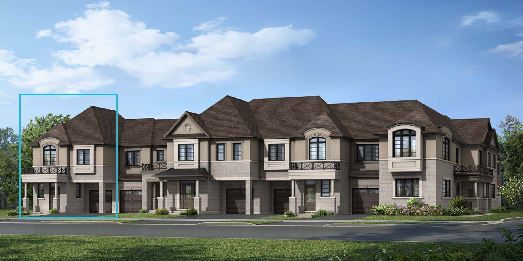 A French Chateau style attached corner elevation with a single car garage and a Juliet balcony. 
