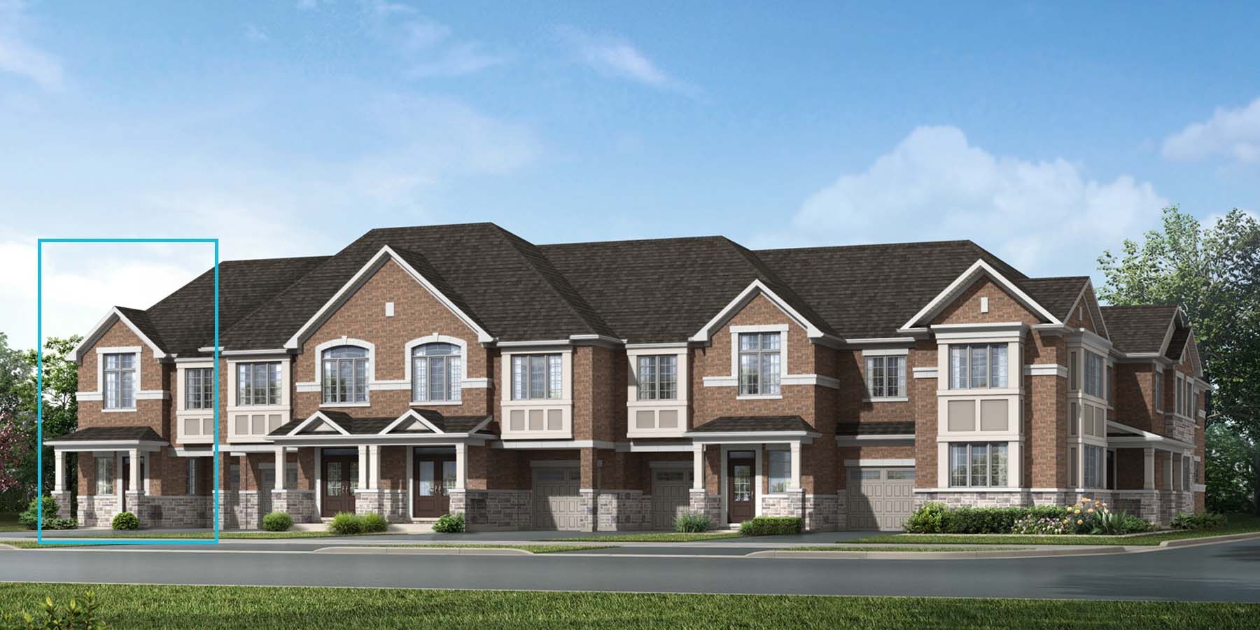 A Traditional style attached corner elevation with a single car garage and covered entrance. 