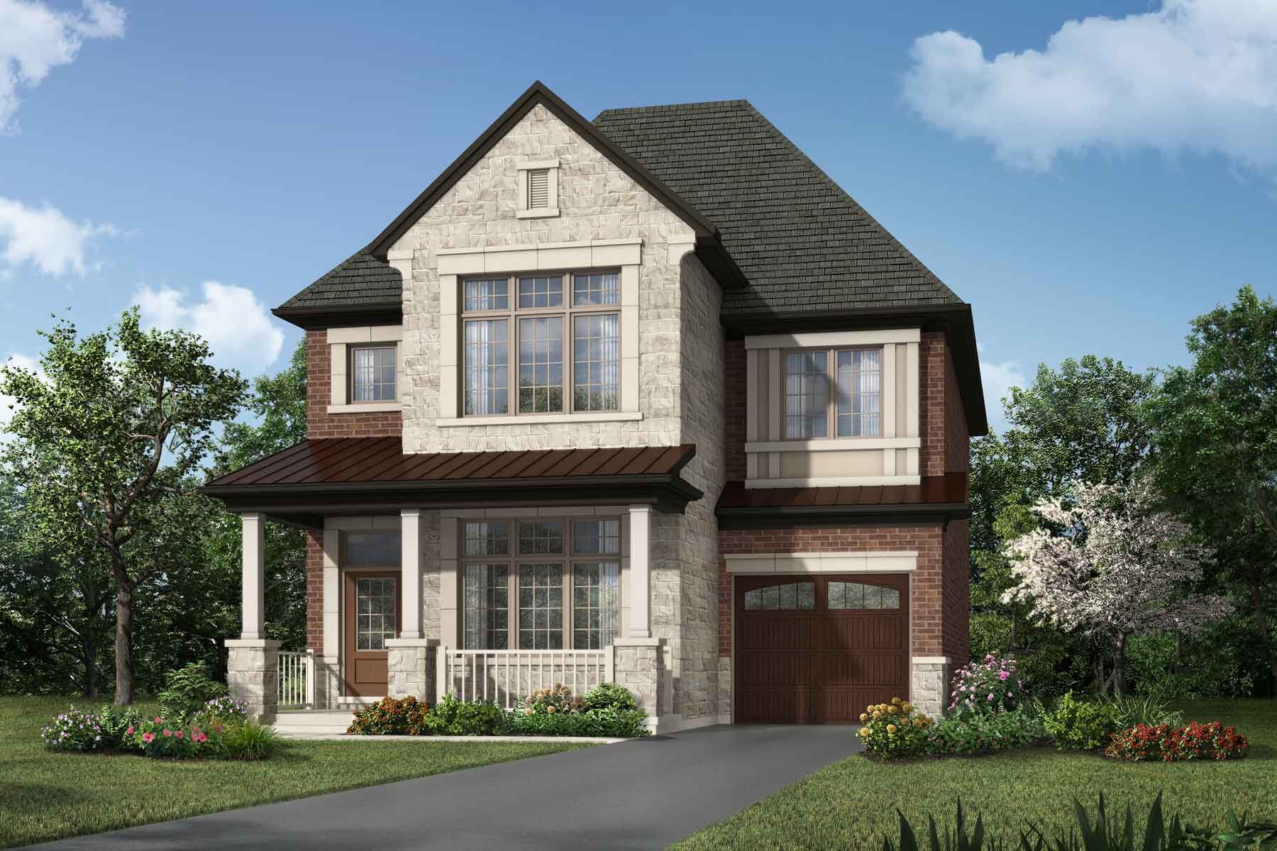 An English Manor elevation style with a single car garage and light grey and red brick.