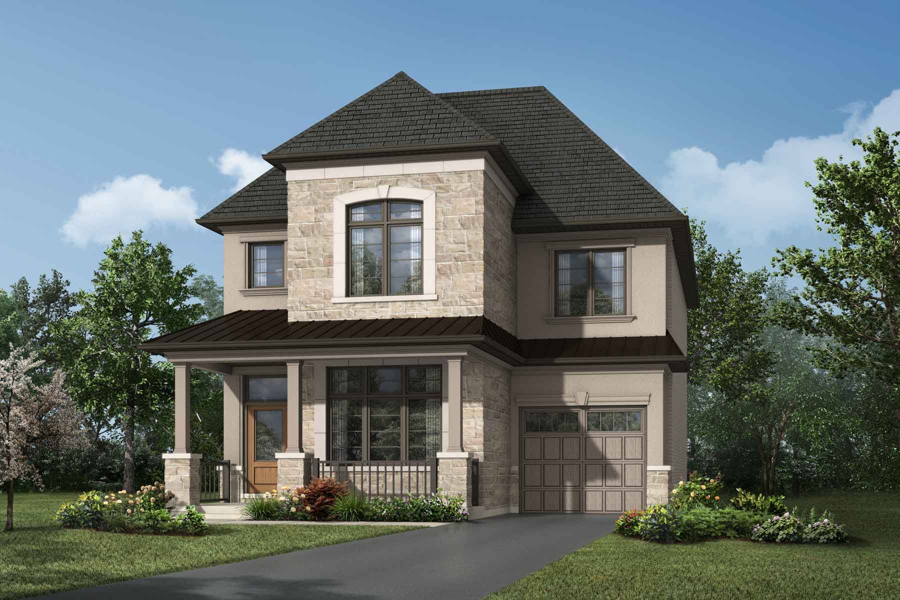 A French Chateau style elevation with a single car garage and a black roof covering the porch and entrance. 