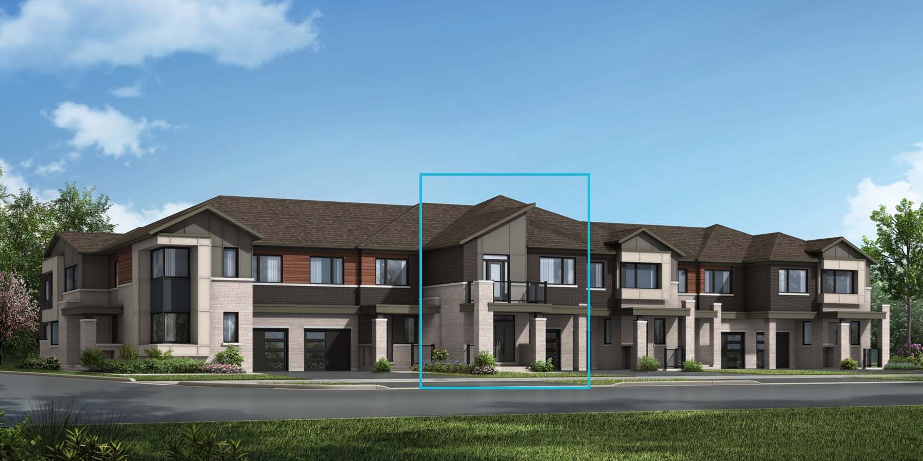 A contemporary style attached elevation with a balcony and covered entrance. 