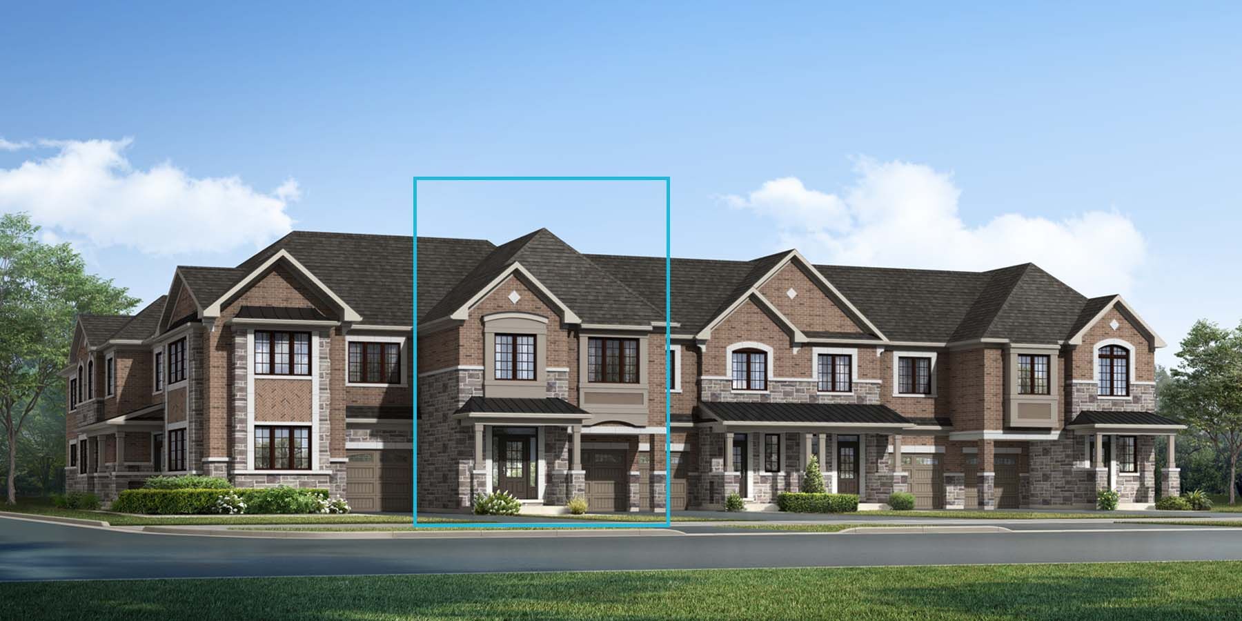 An English Manor style attached elevation with a covered entrance and a single car garage.