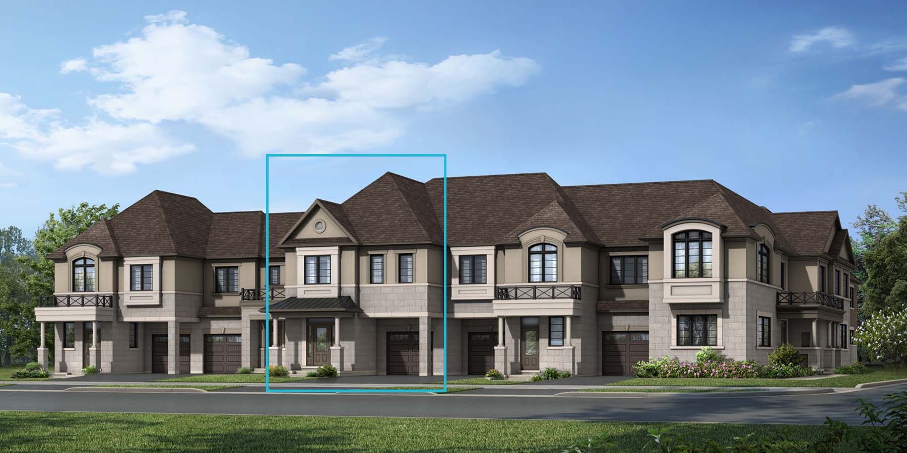 A French Chateau style attached elevation with a single car garage and grey brick and brown stucco.