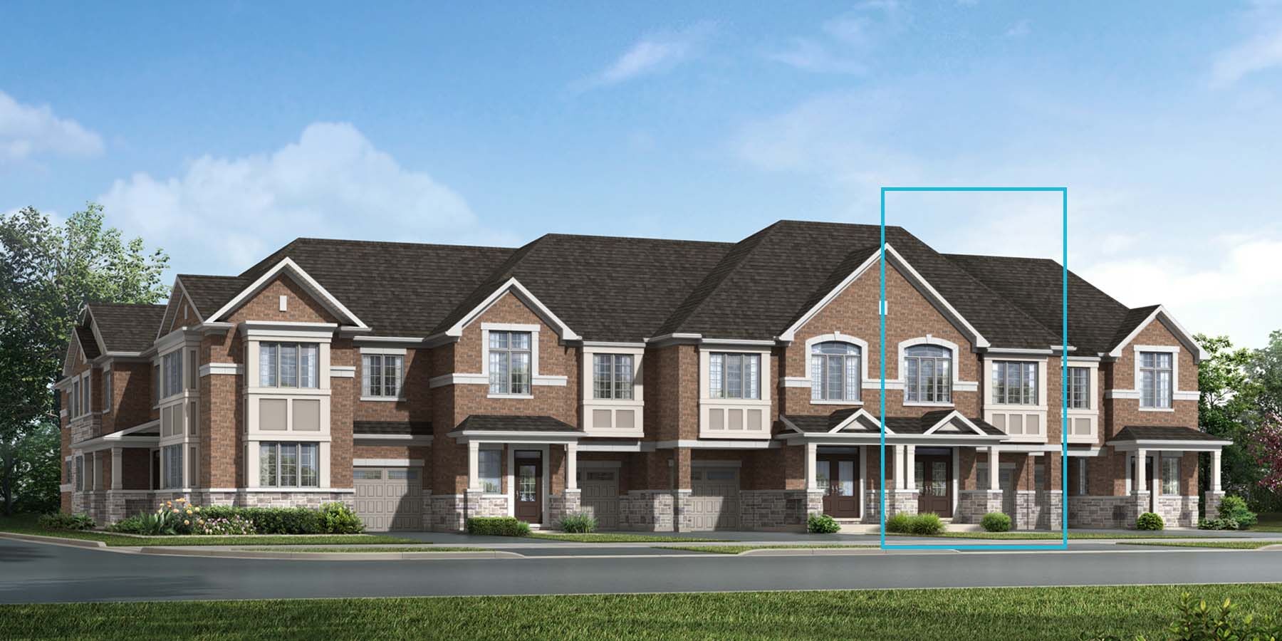 A traditional style attached elevation with a single car garage and large windows.
