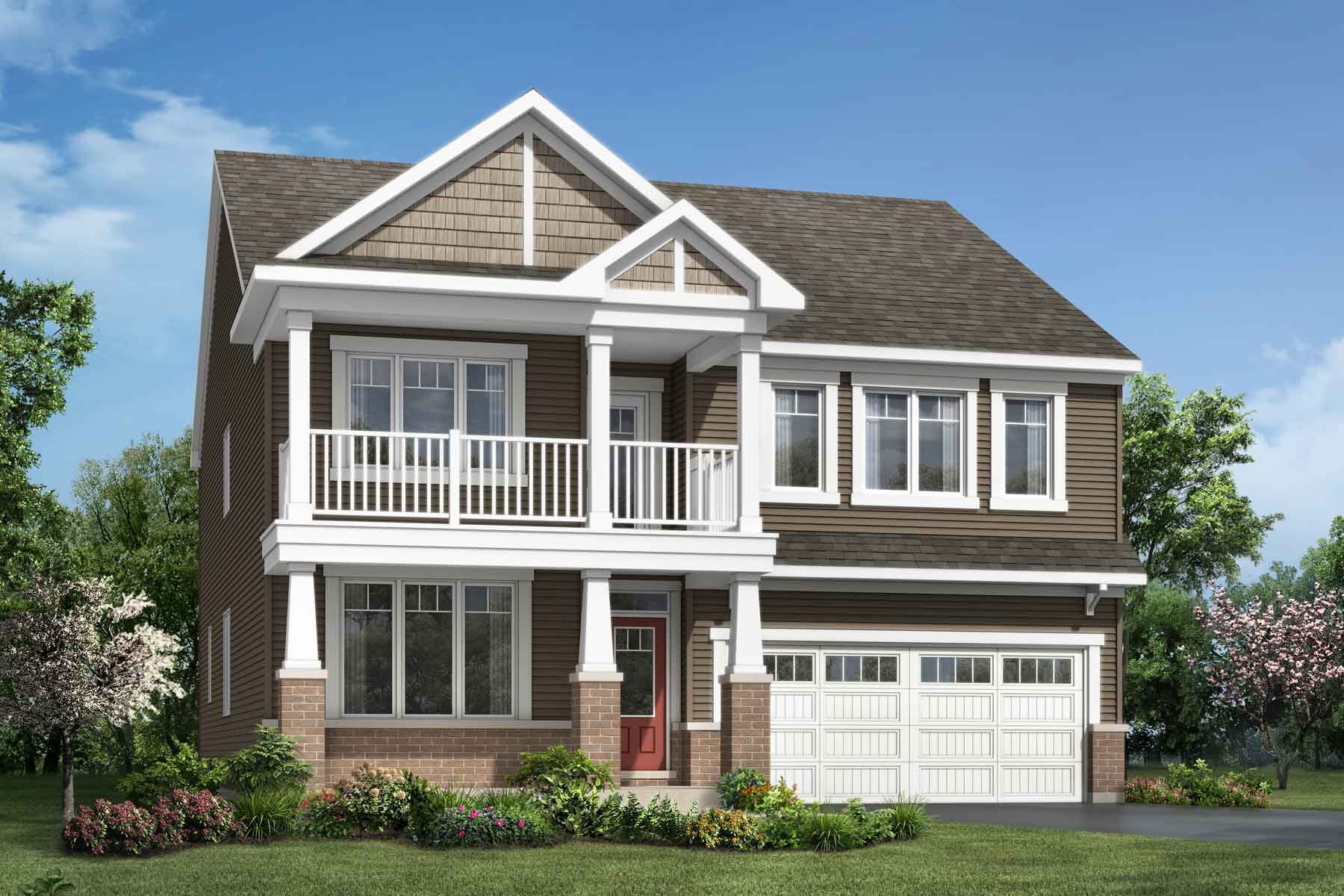 A Craftsman style detached home with a double car garage.