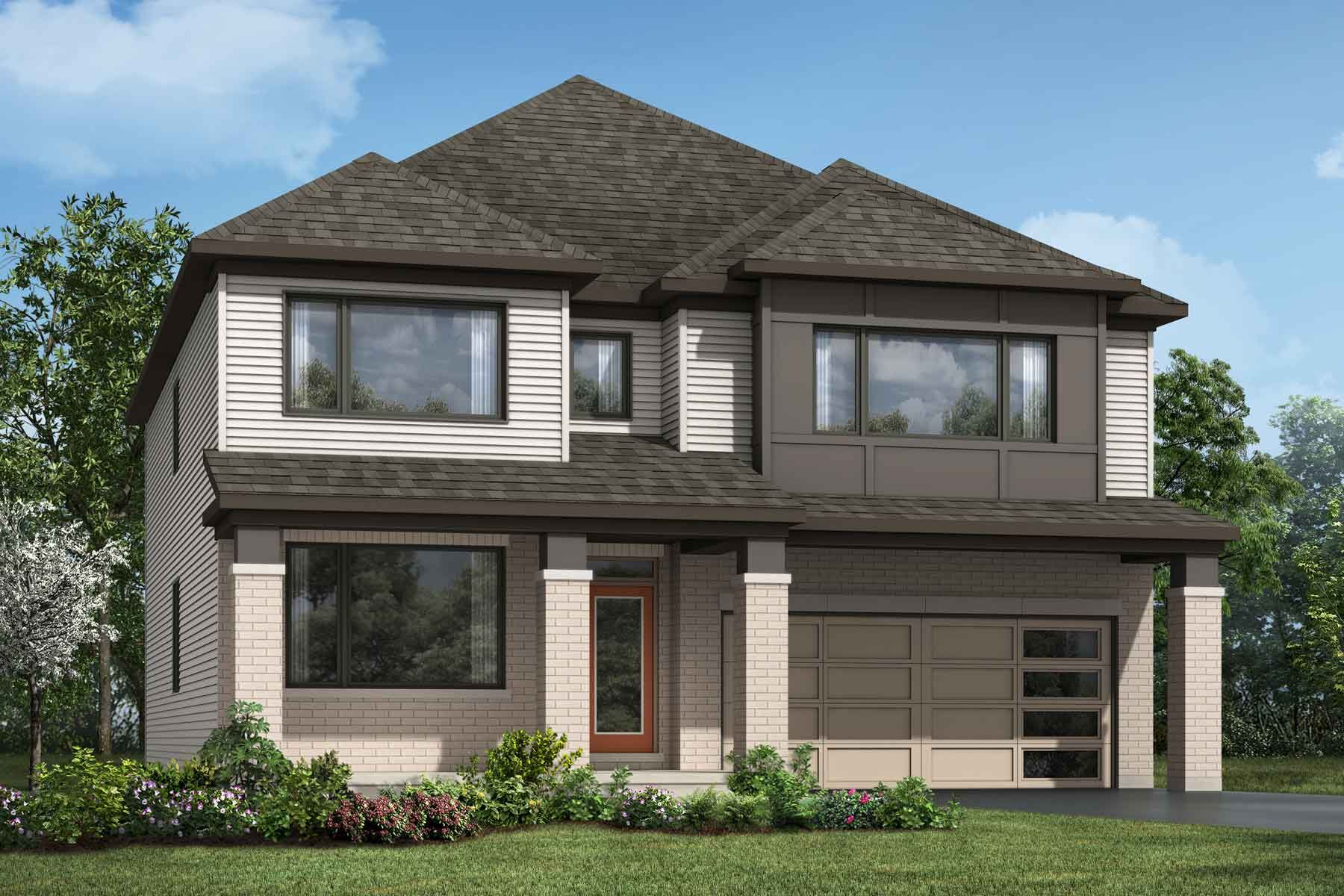 A Transitional style detached home with a double car garage.
