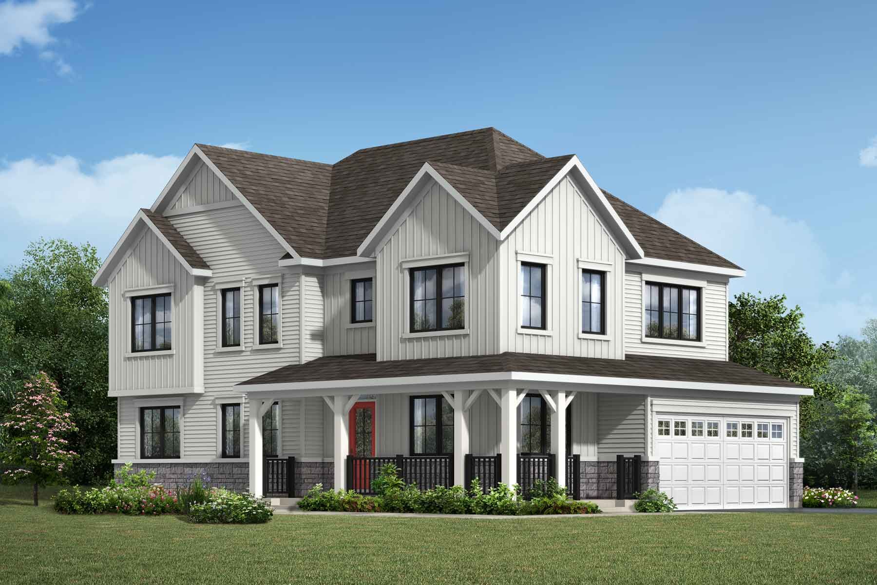 A Modern Farmhouse style detached home with a double car garage.