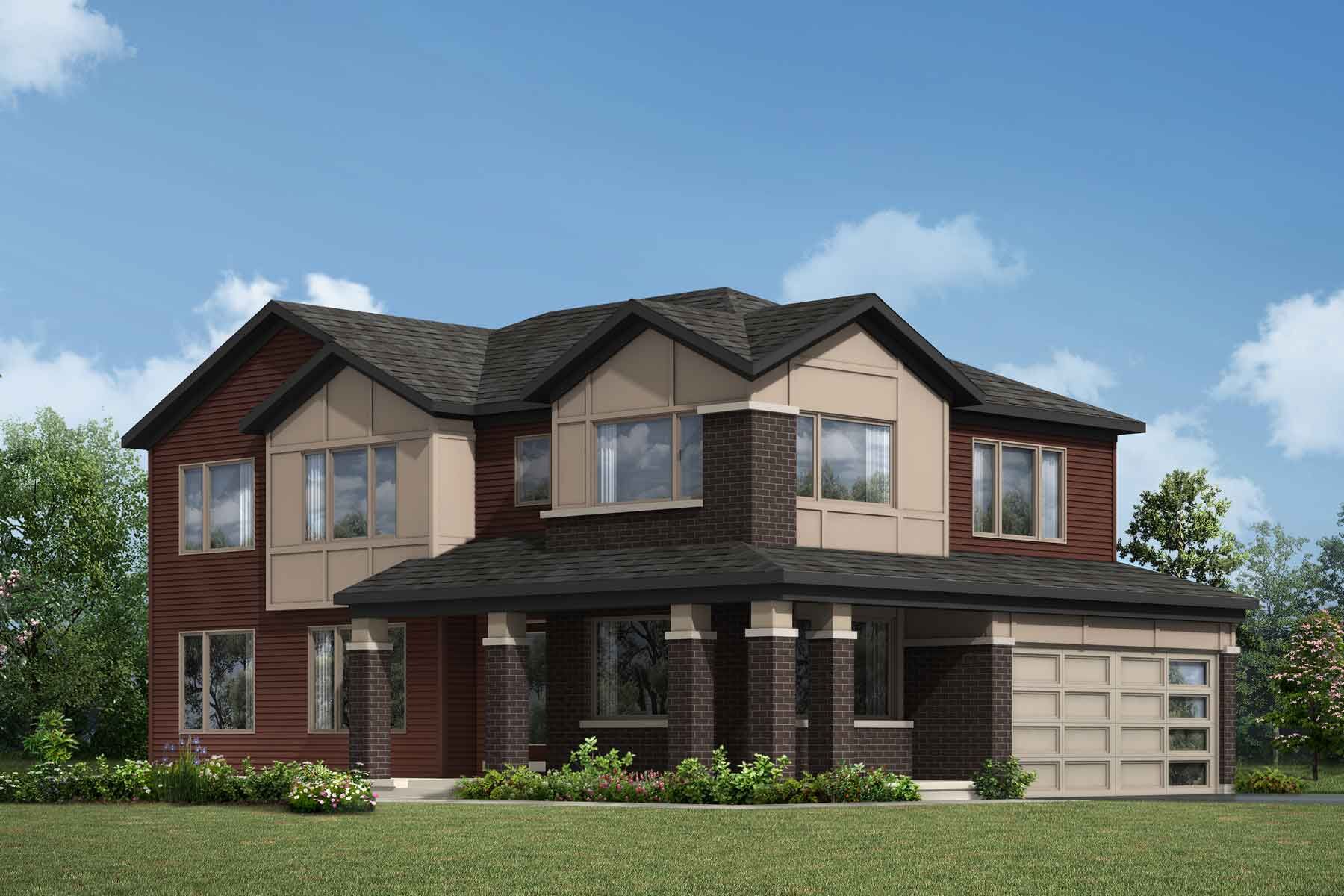 A Transitional style detached home with a double car garage.