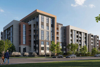 Building rendering of a mid rise building surrounded by trees and people walking around. 