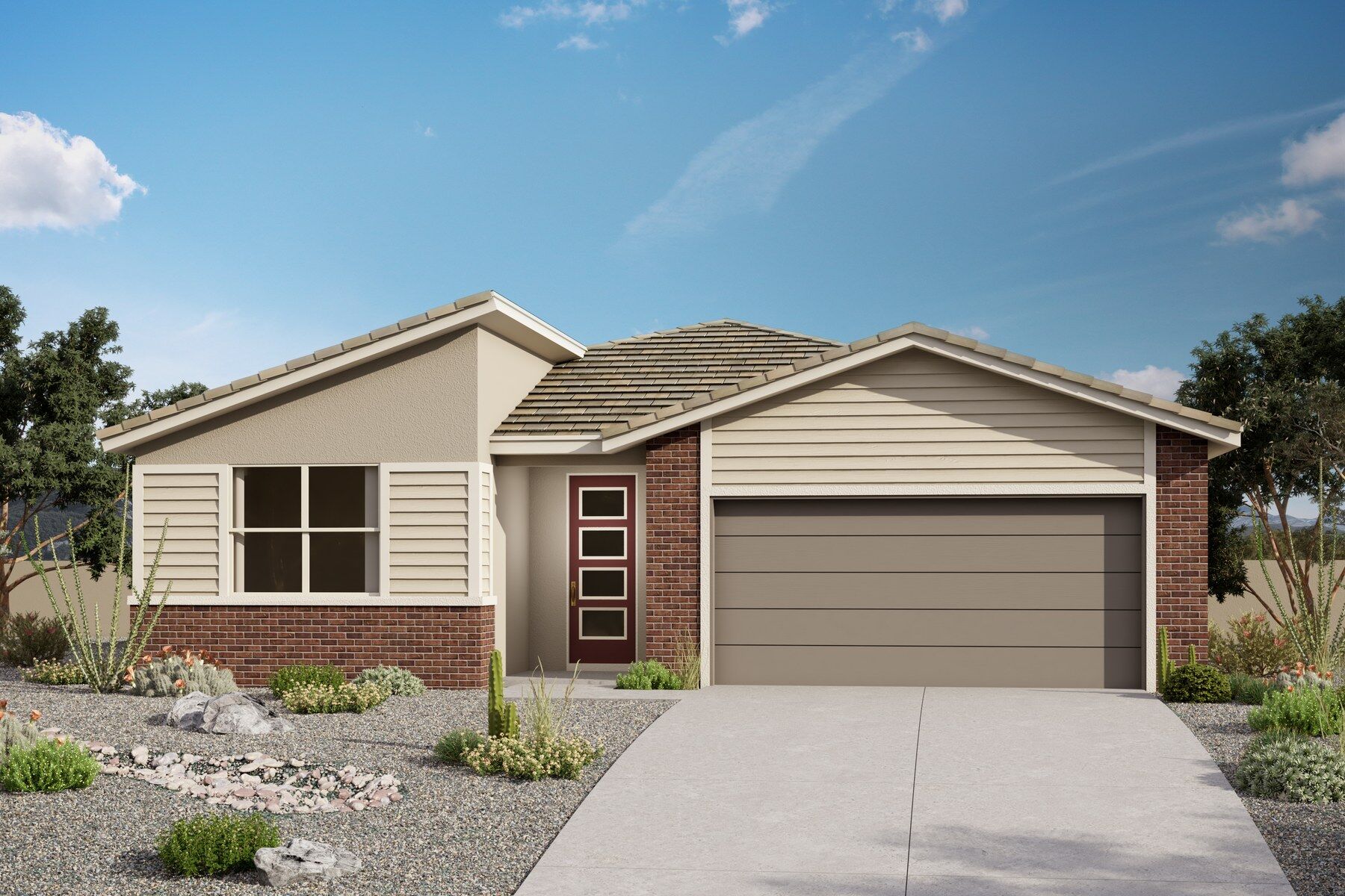 Elevation Front with door, window, garage, exterior brick