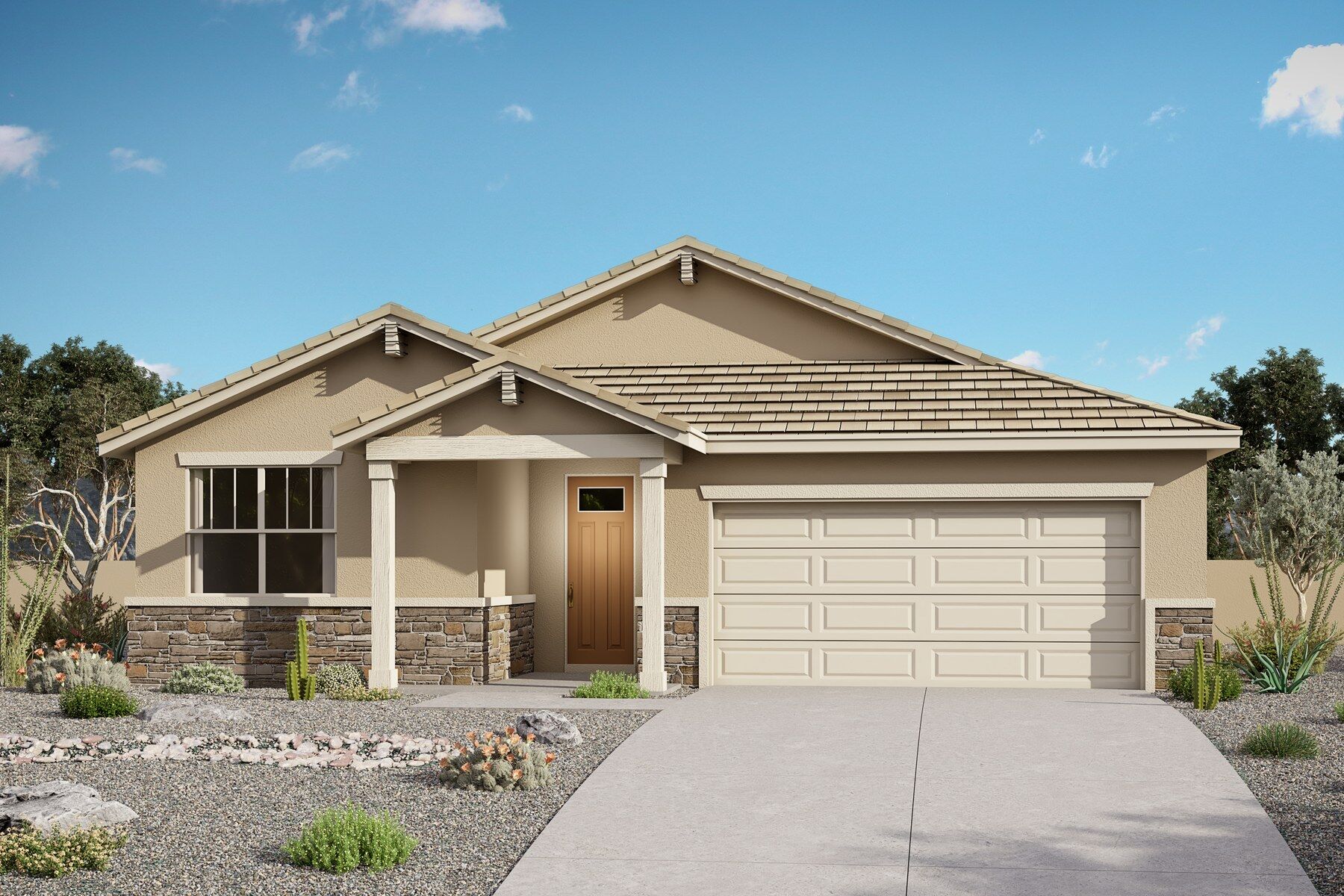 Elevation Front with door, window, garage, exterior stone