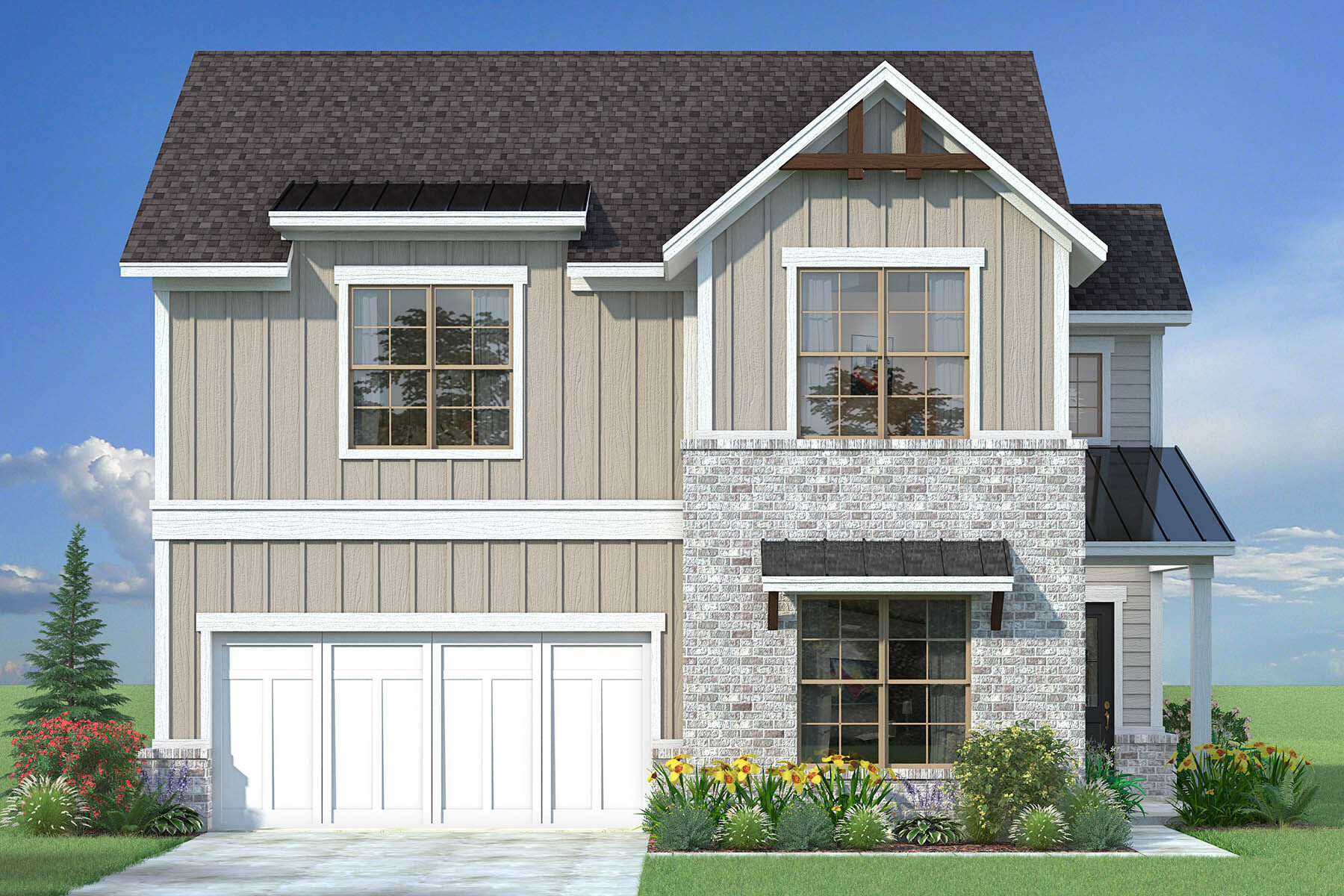 Elevation Front with window, garage, exterior brick