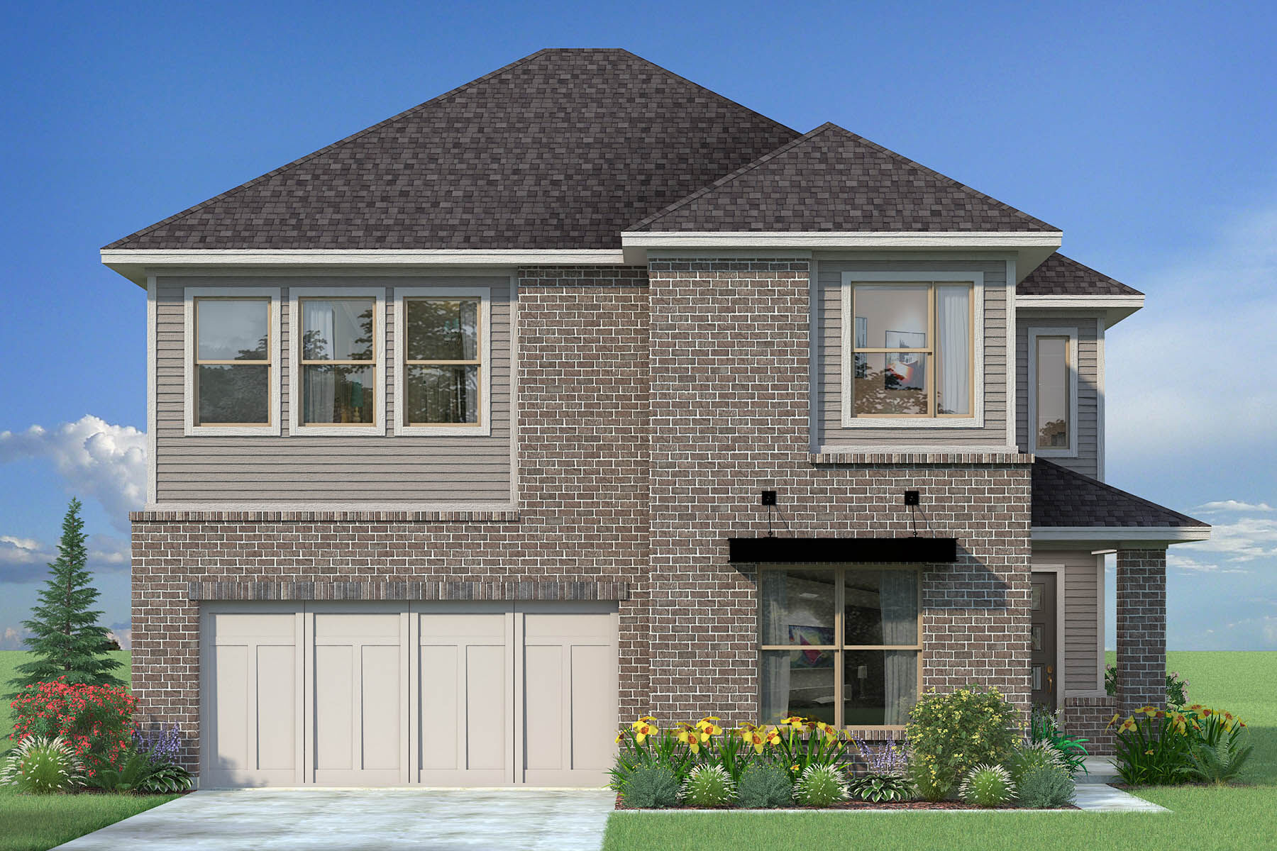 Elevation Front with door, window, garage, exterior brick