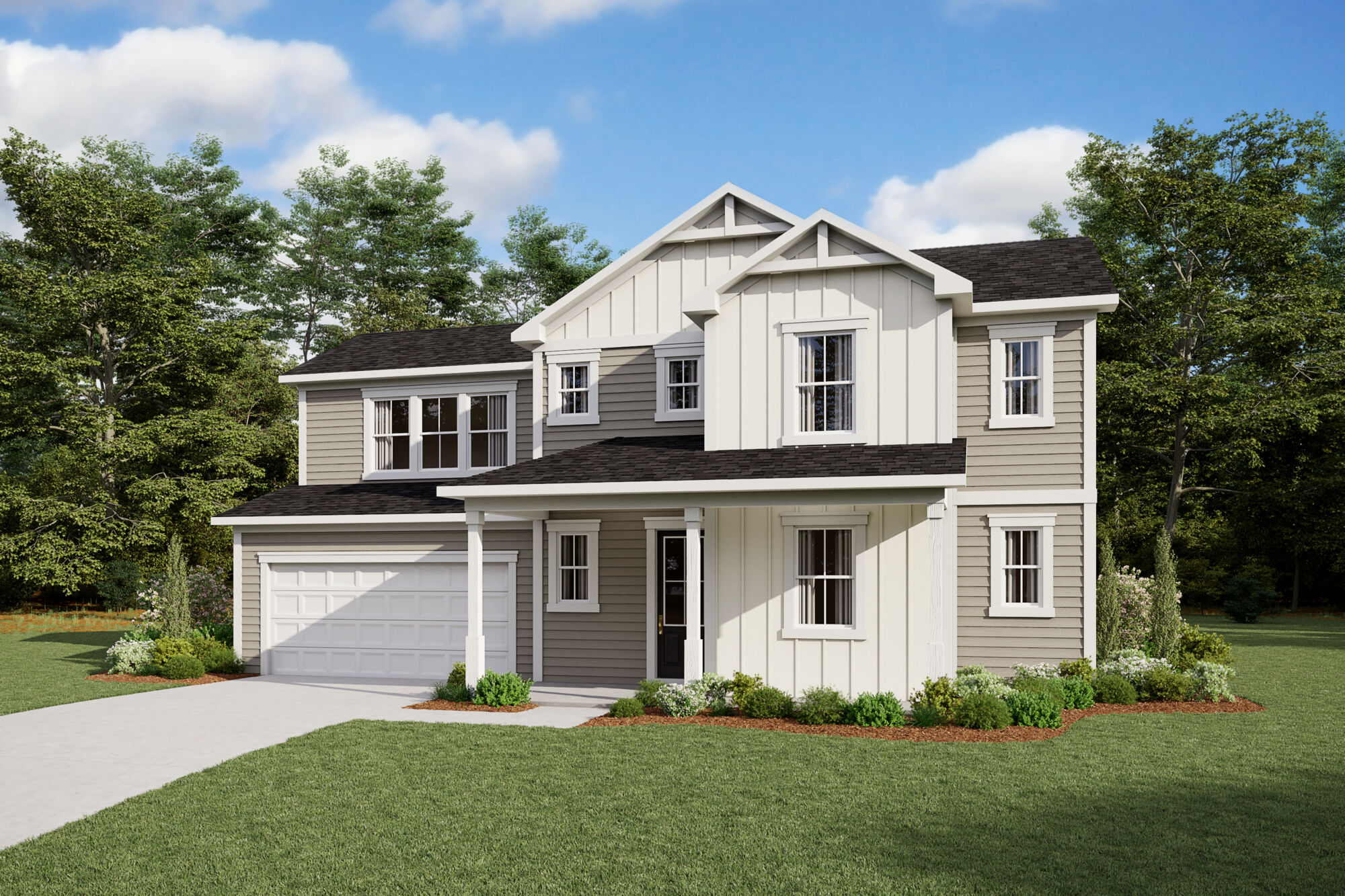  Elevation Front with garage, window and exterior clapboard