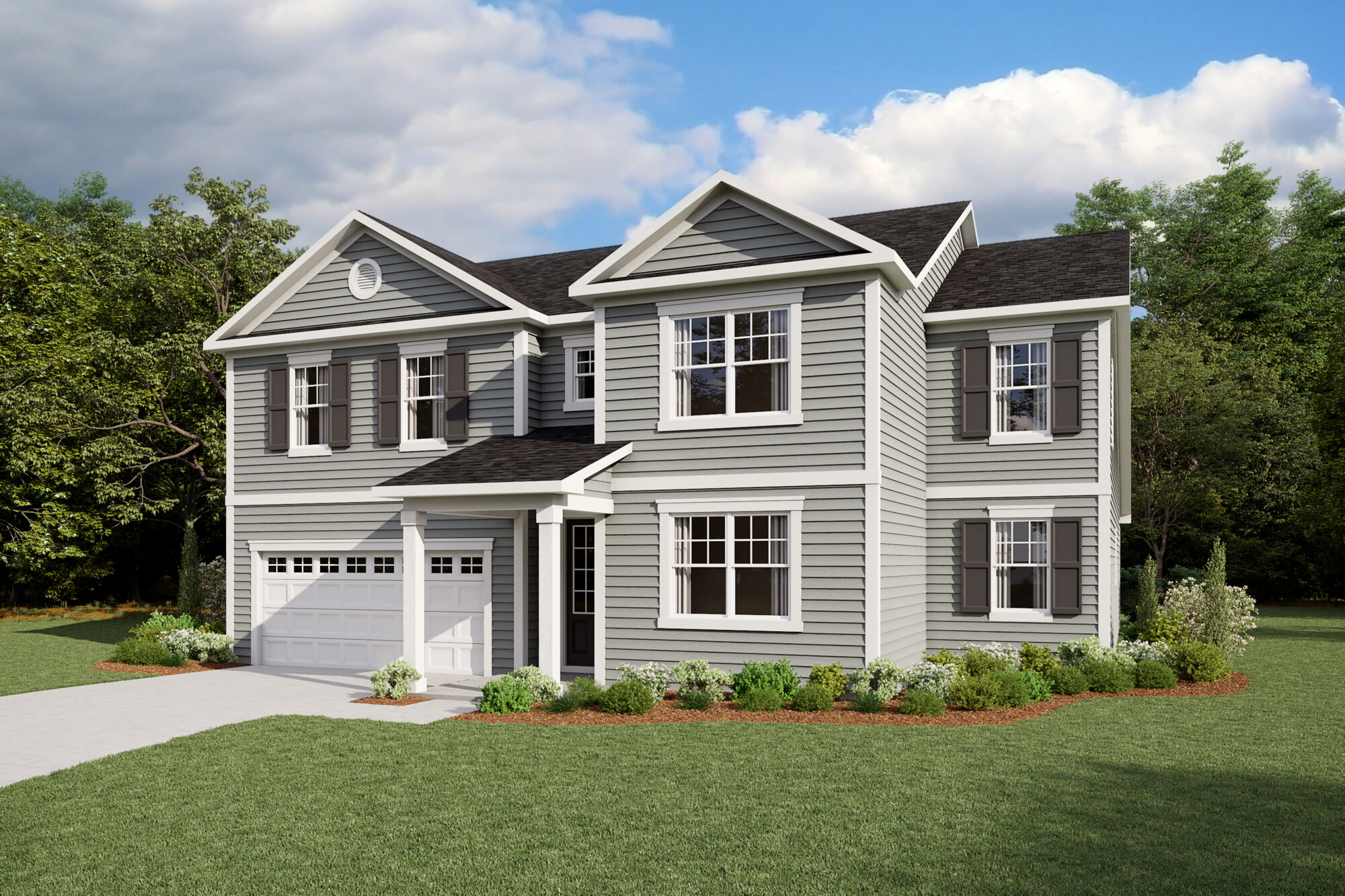  Elevation Front with window, garage and exterior clapboard