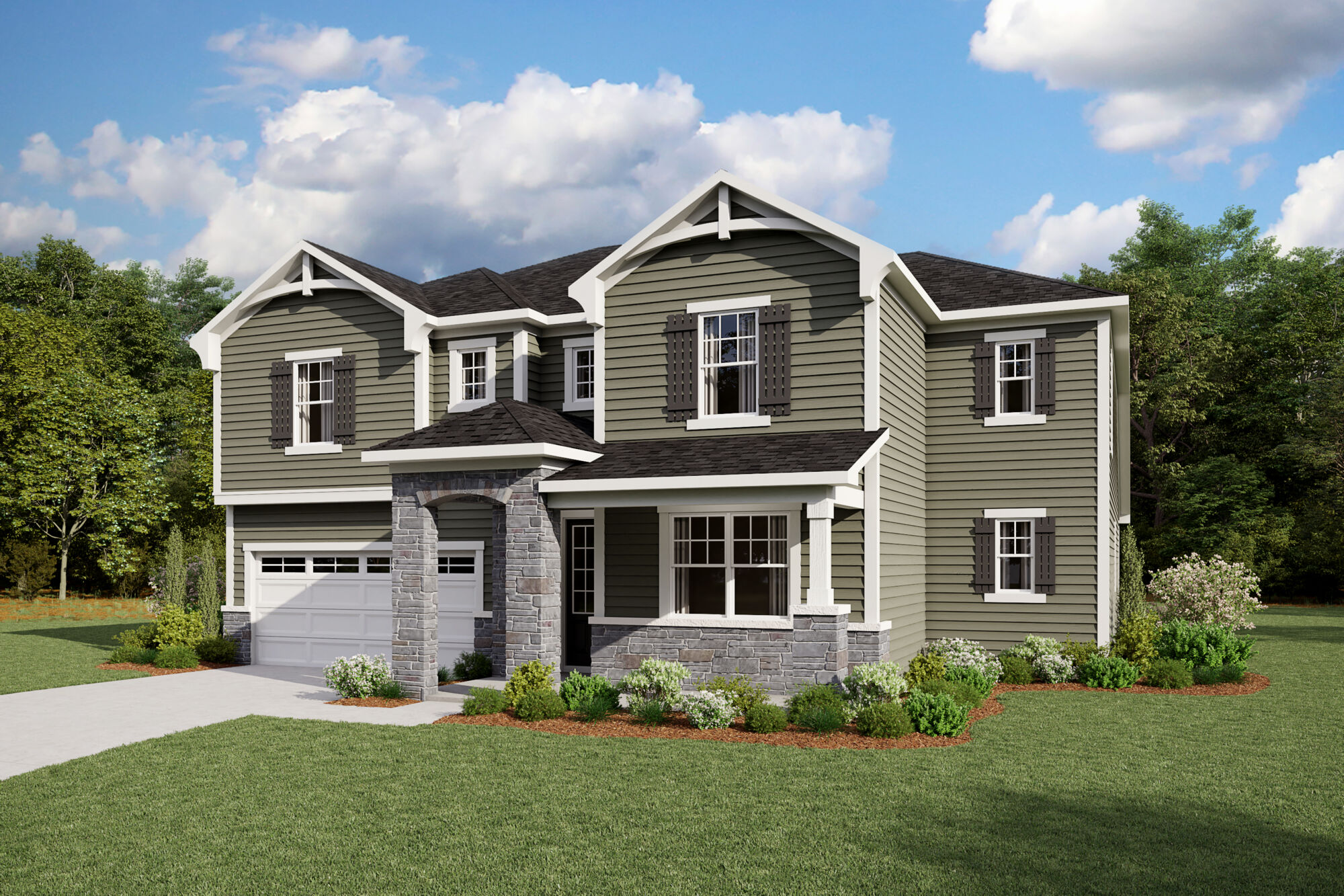  Elevation Front with window, garage, door, exterior stone and exterior clapboard