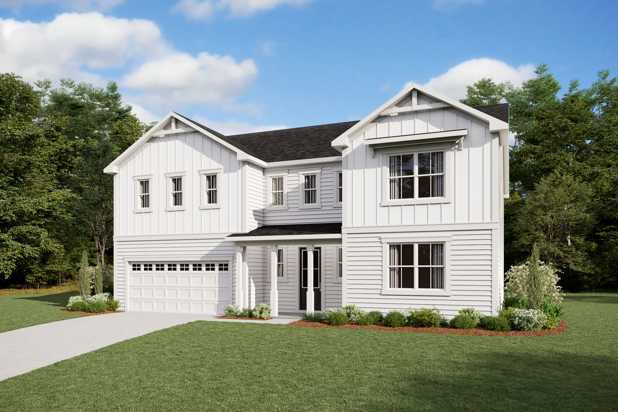  Elevation Front with garage, window, door and exterior clapboard