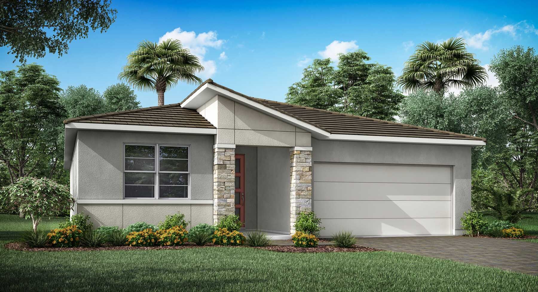 Elevation Front with door, window, garage, exterior stone