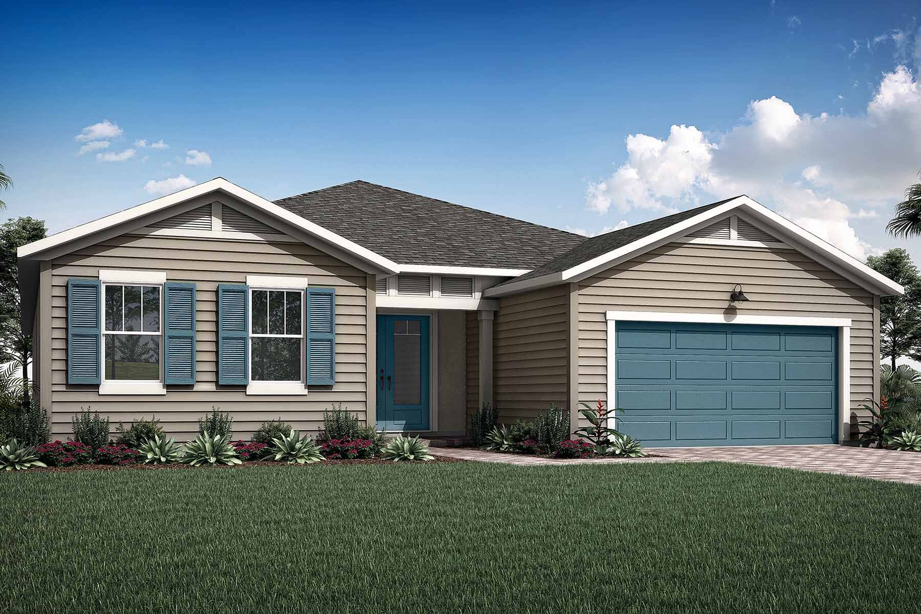 Elevation Front with door, window, garage, exterior clapboard