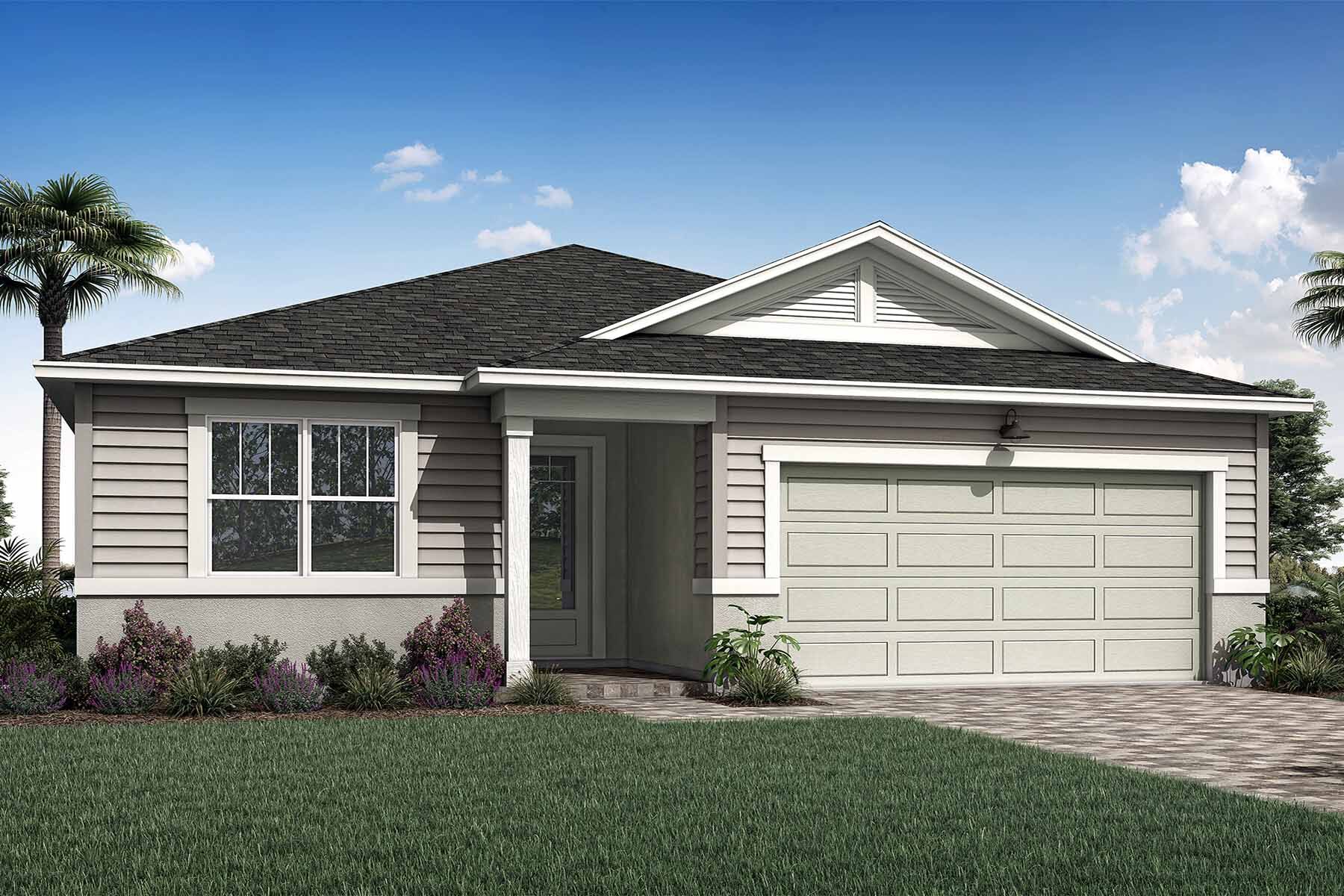 Elevation Front with door, window, garage, exterior clapboard