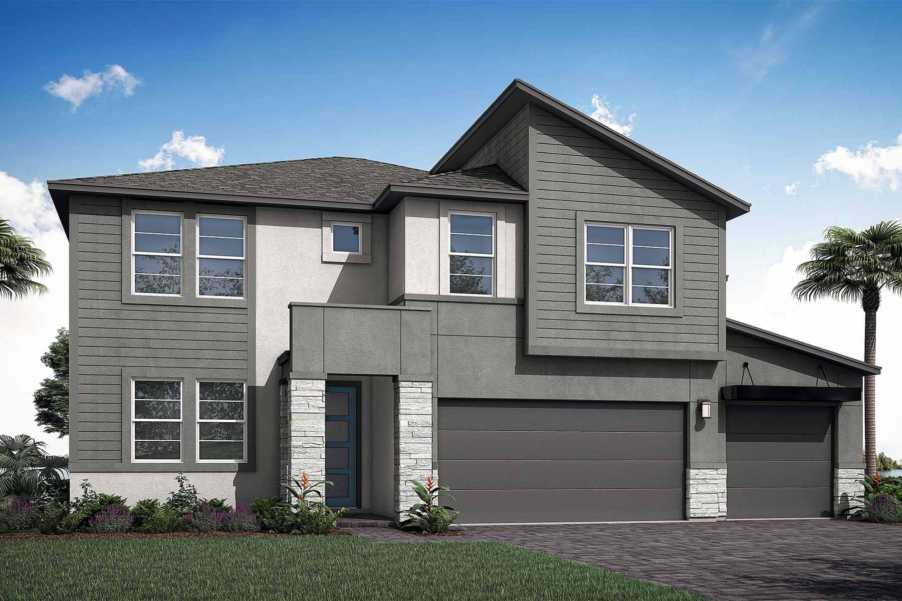 Elevation Front with door, window, garage, exterior stone