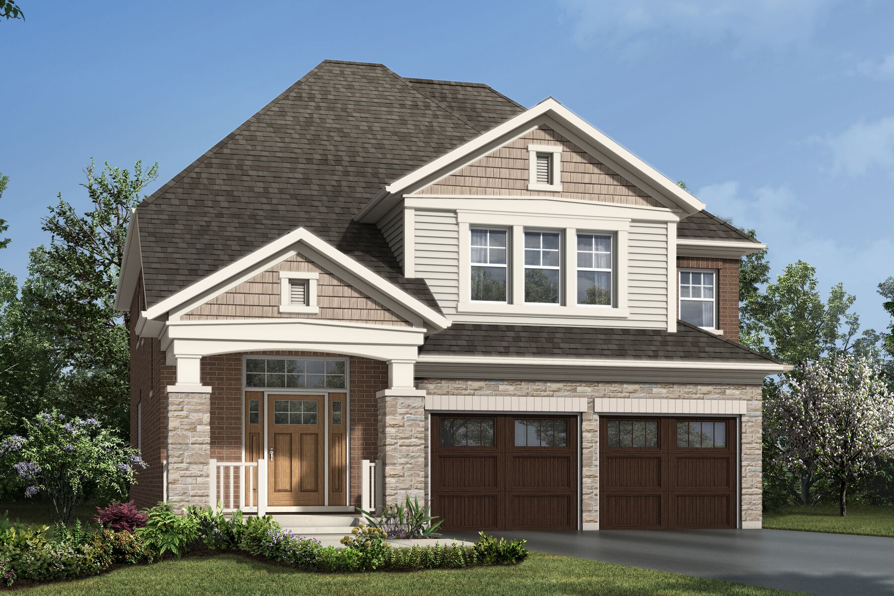  Elevation Front with garage, window, door, exterior stone and exterior brick