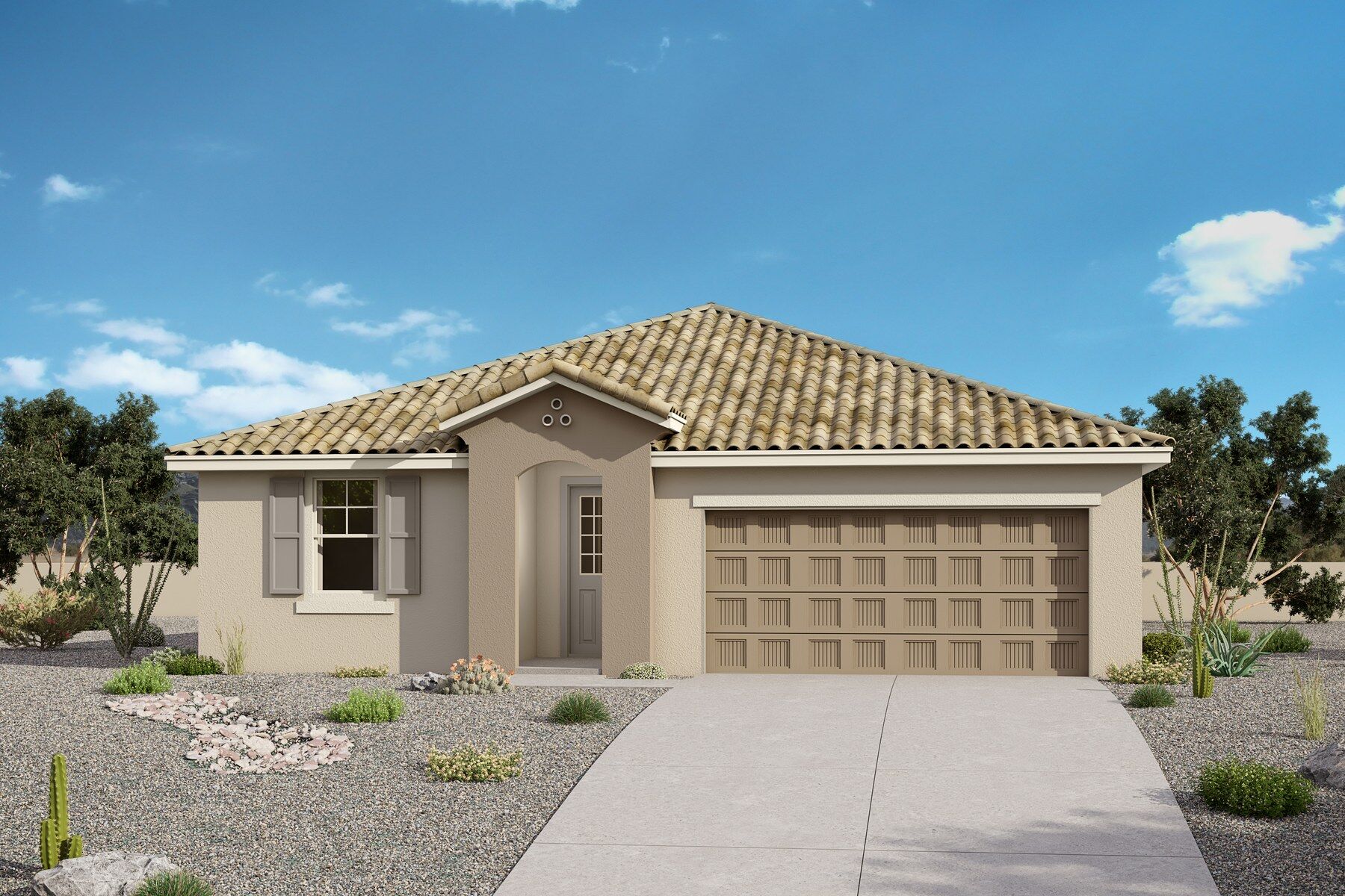  Elevation Front with garage, window, door and exterior stone