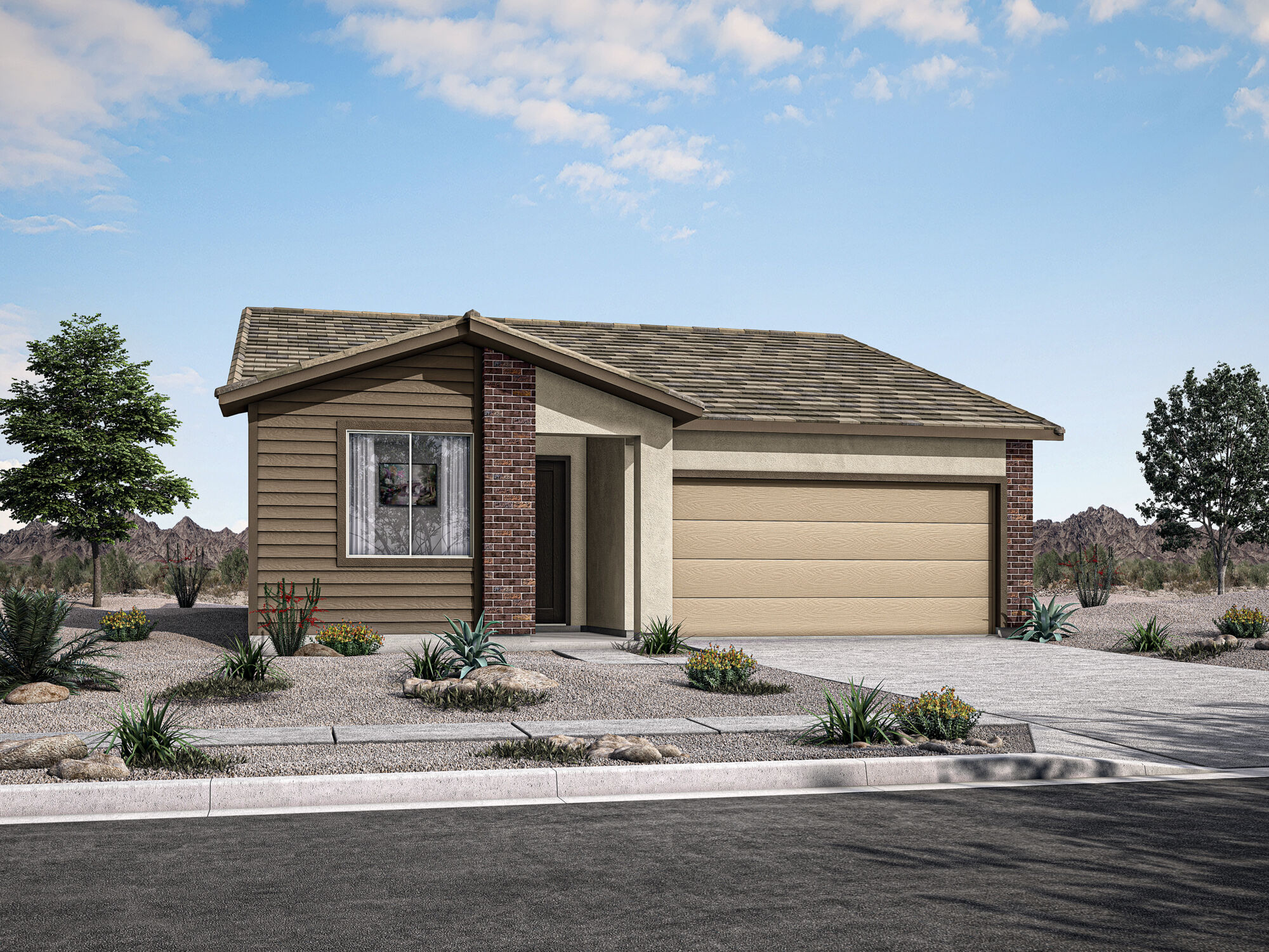  Elevation Front with garage, window, door and exterior brick