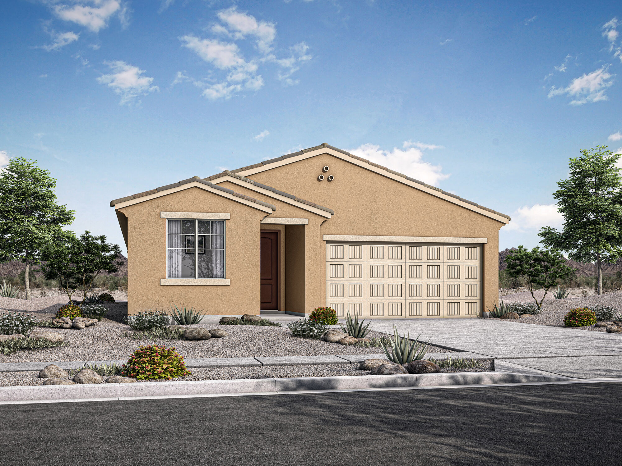  Elevation Front with garage, window, door and exterior brick