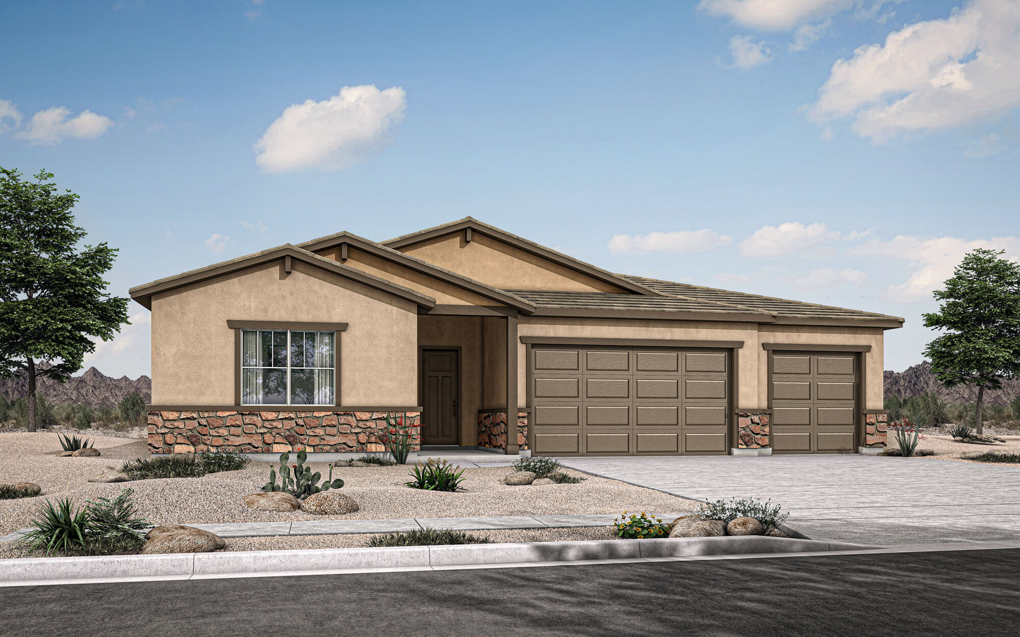  Elevation Front with garage, window, door and exterior stone
