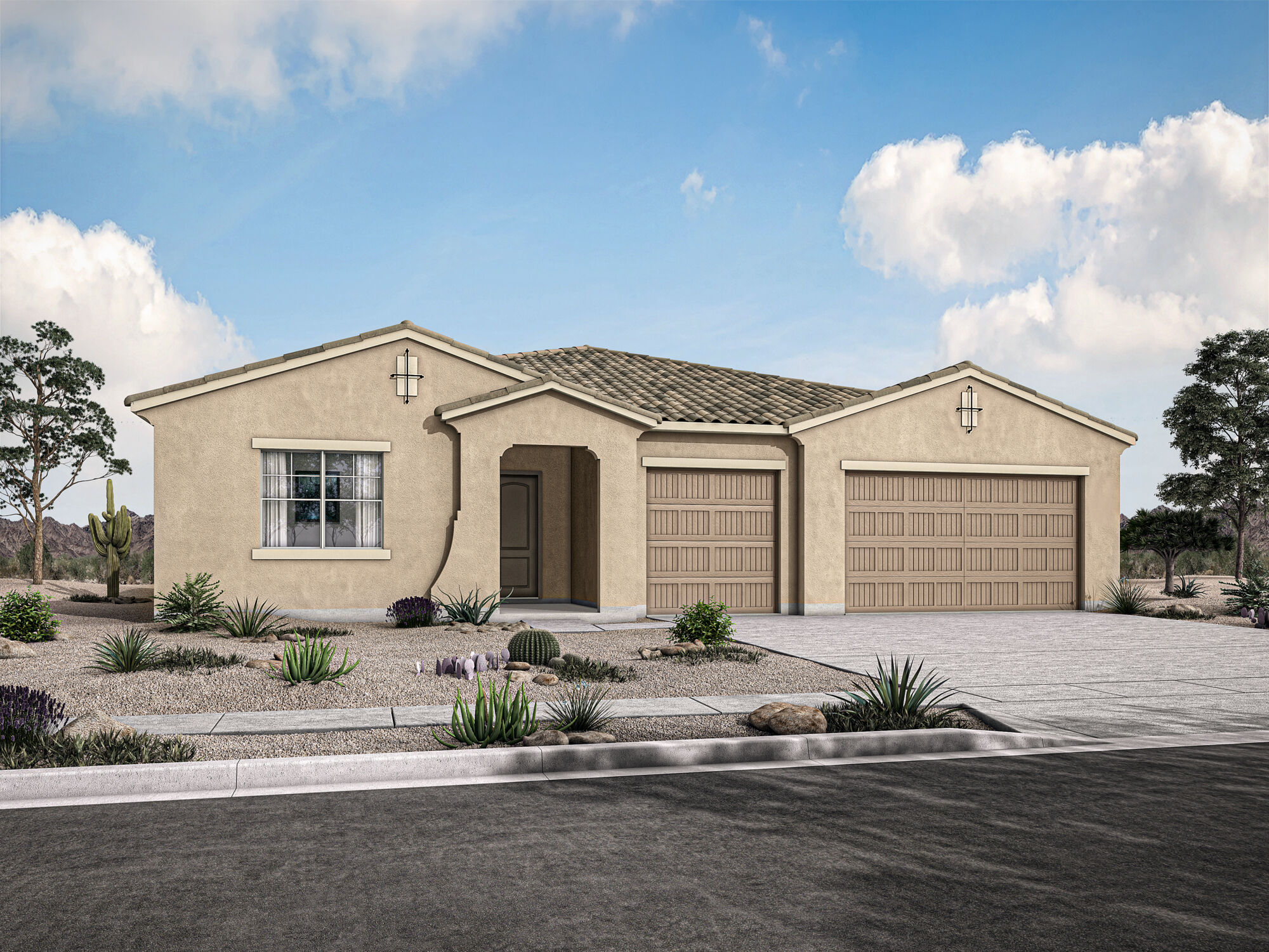  Elevation Front with garage, window, door and exterior brick