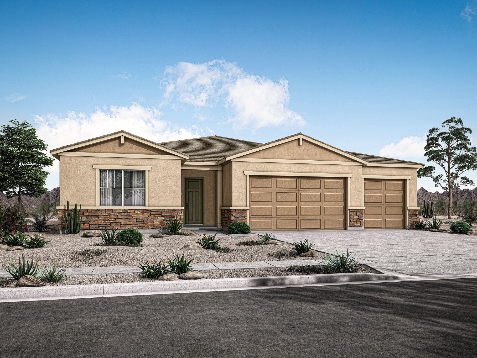  Elevation Front with garage, window, door and exterior stone