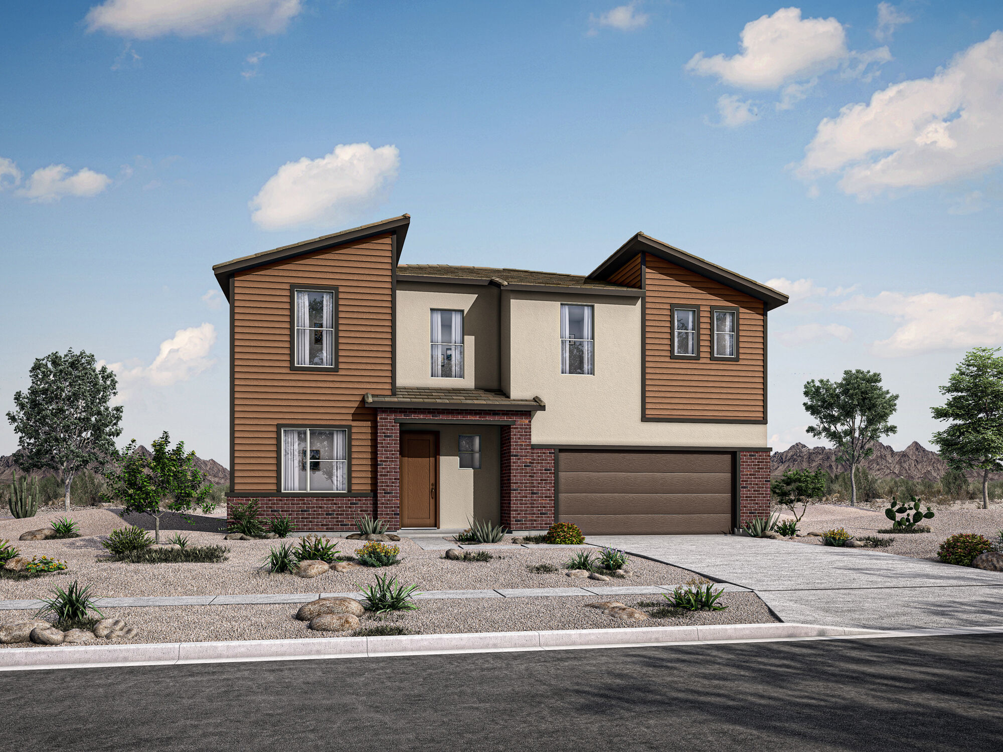  Elevation Front with window, garage, door, exterior brick, exterior stone and exterior clapboard