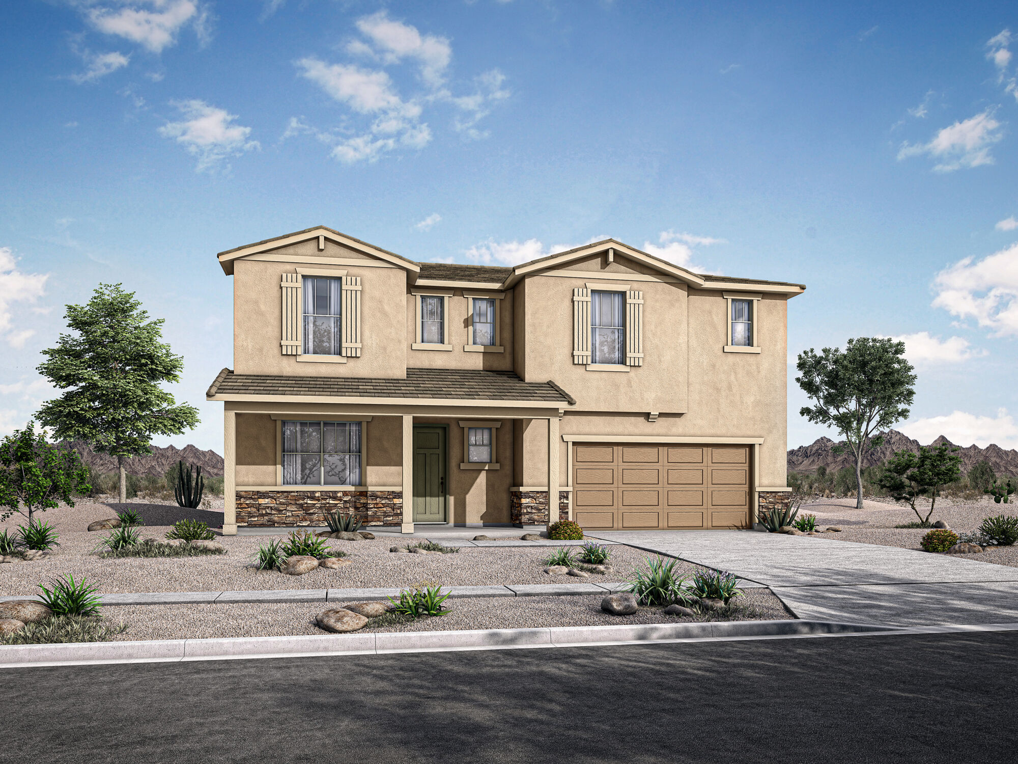  Elevation Front with garage, window, door and exterior brick