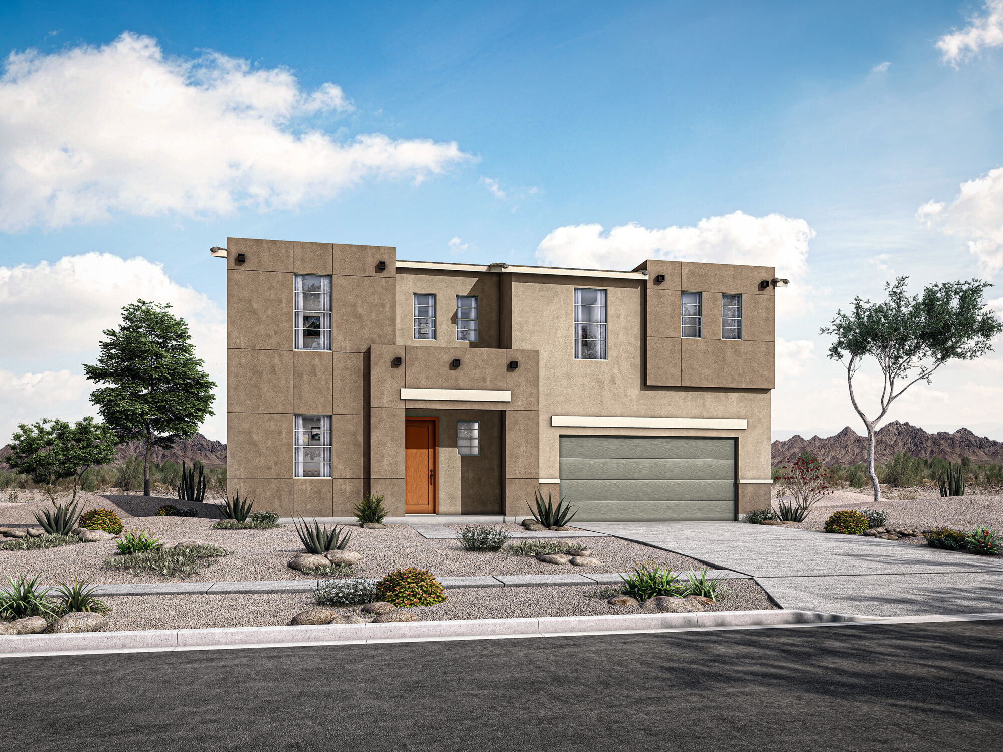  Elevation Front with garage, window, door and exterior brick