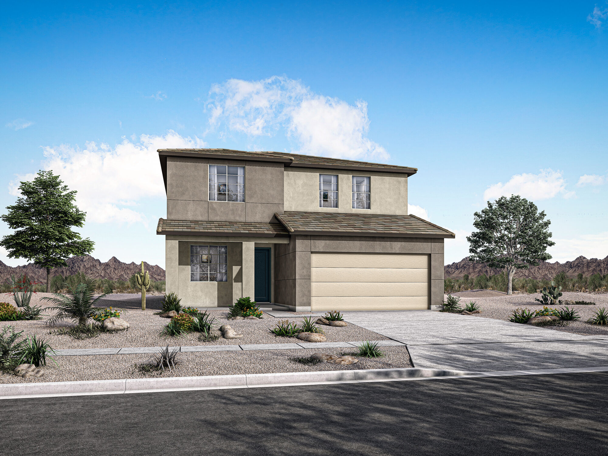  Elevation Front with garage, window, door and exterior brick