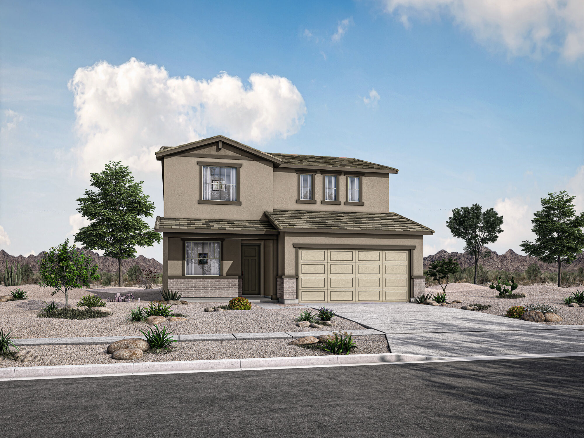  Elevation Front with window, garage, door and exterior brick