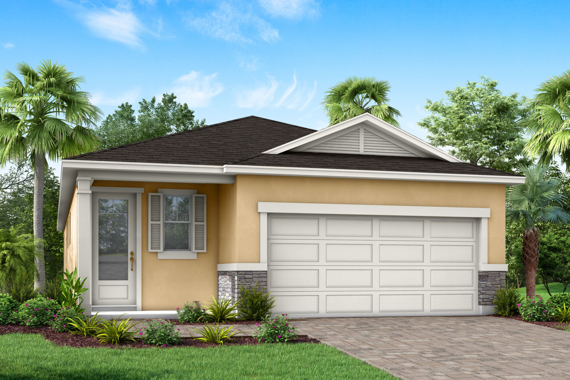  Elevation Front with window, garage, door and exterior stone