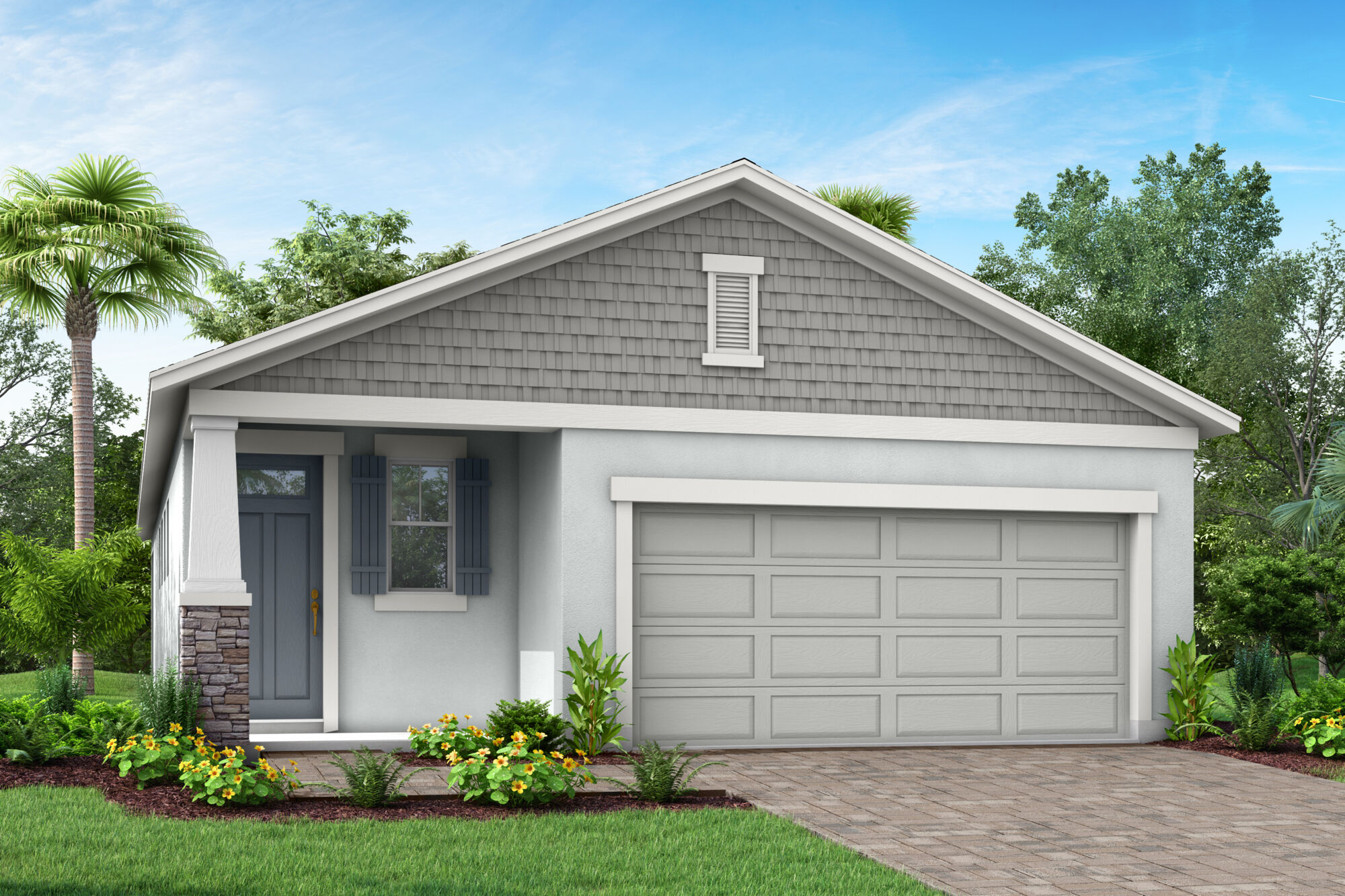  Elevation Front with window, garage, door and exterior stone