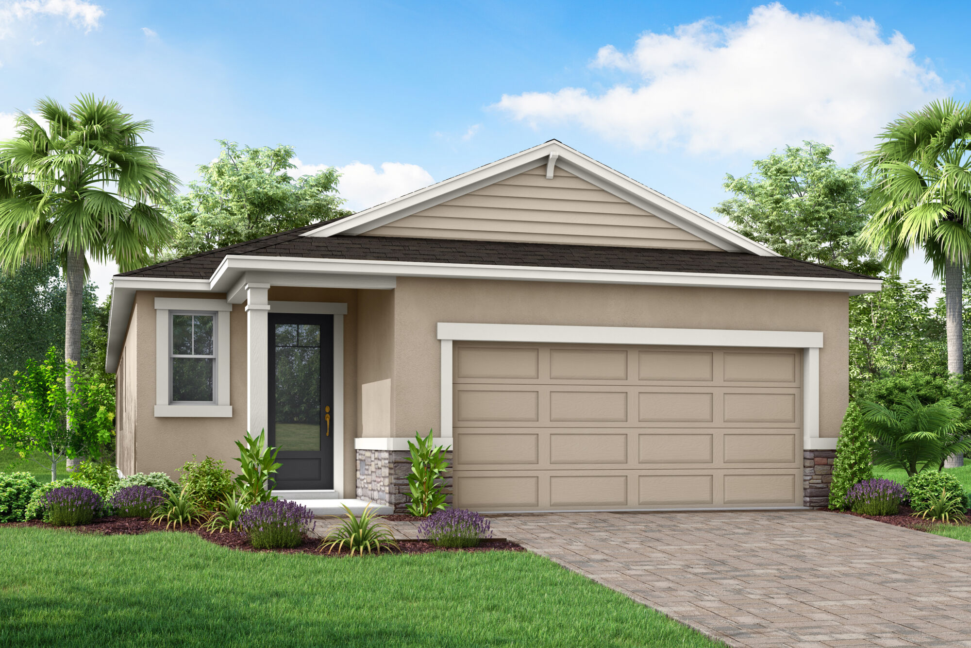  Elevation Front with garage, door, window, exterior stone and exterior clapboard