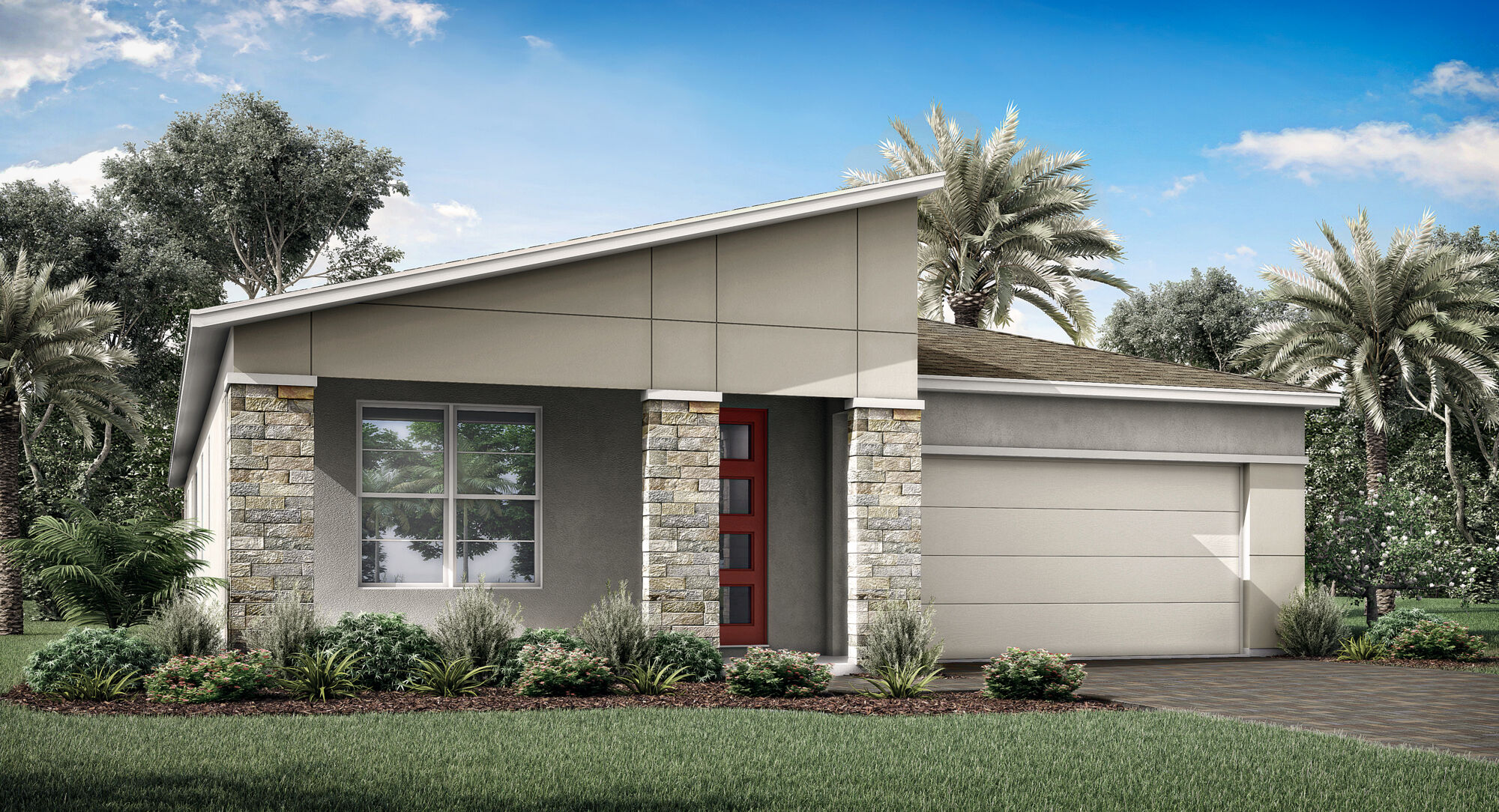Elevation Front with window, garage and exterior stone