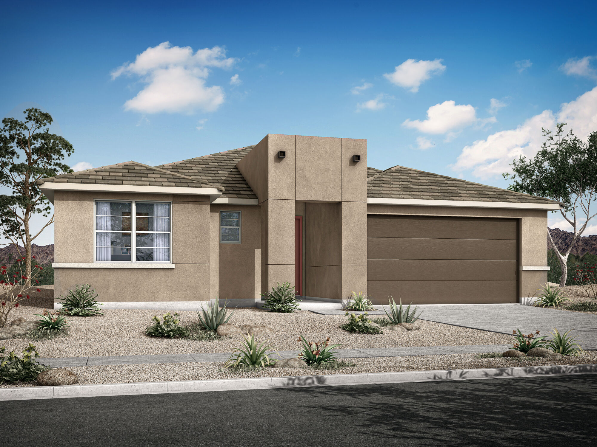 Elevation Front with window, garage, door and exterior brick