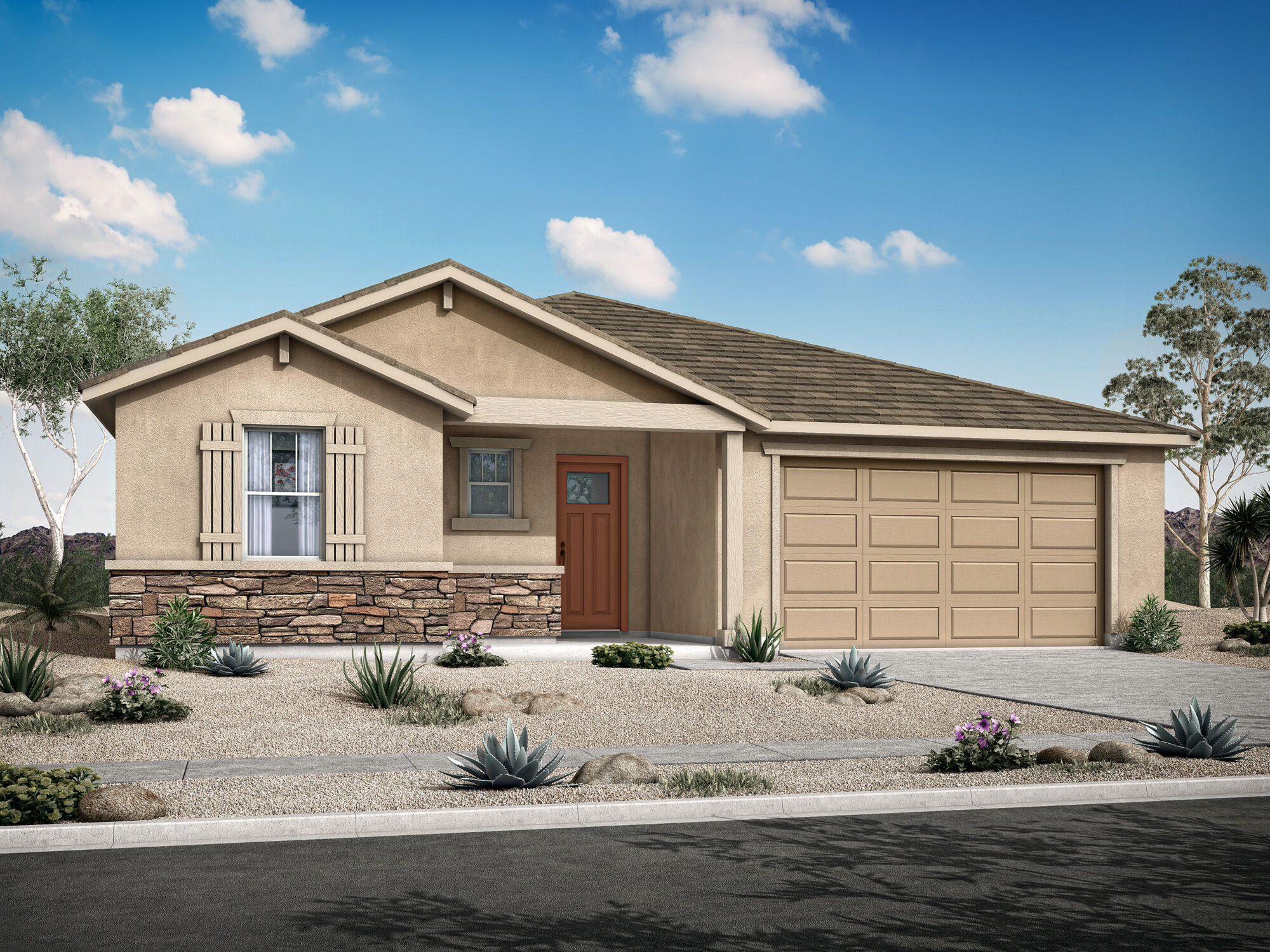  Elevation Front with window, garage, door, exterior stone and exterior brick