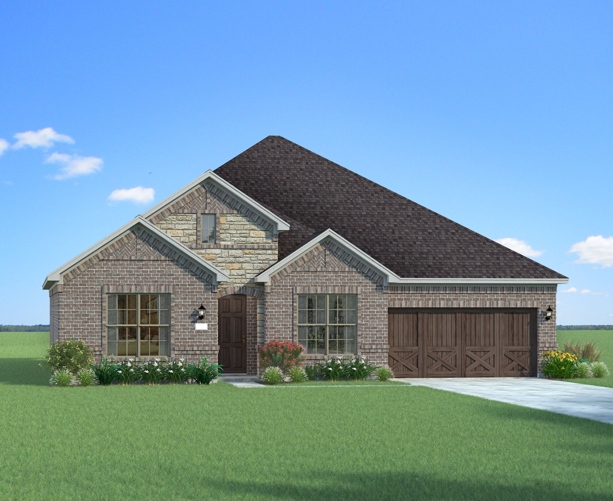 Elevation Front with window, garage, door and exterior brick