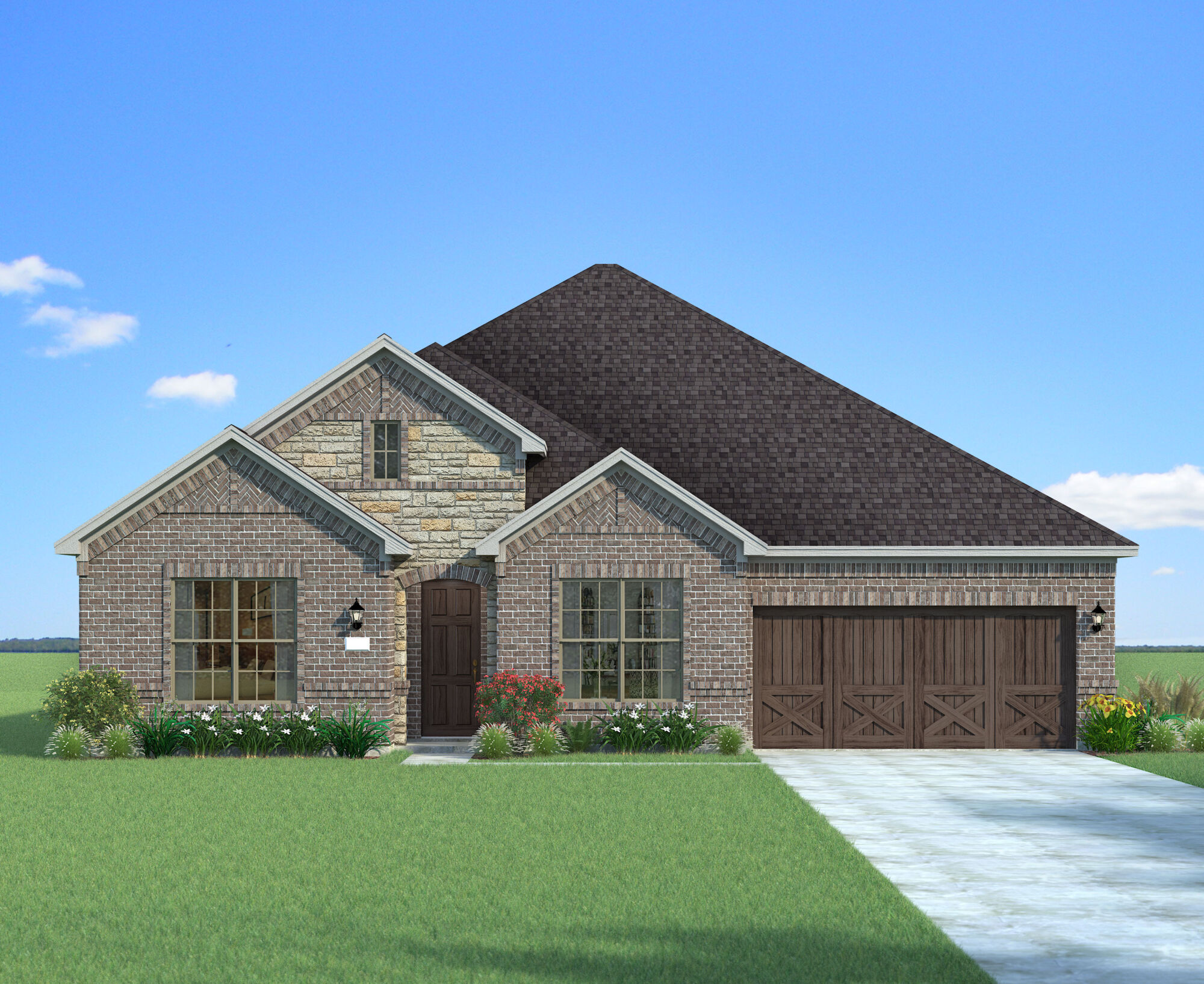  Elevation Front with window, garage, door and exterior brick